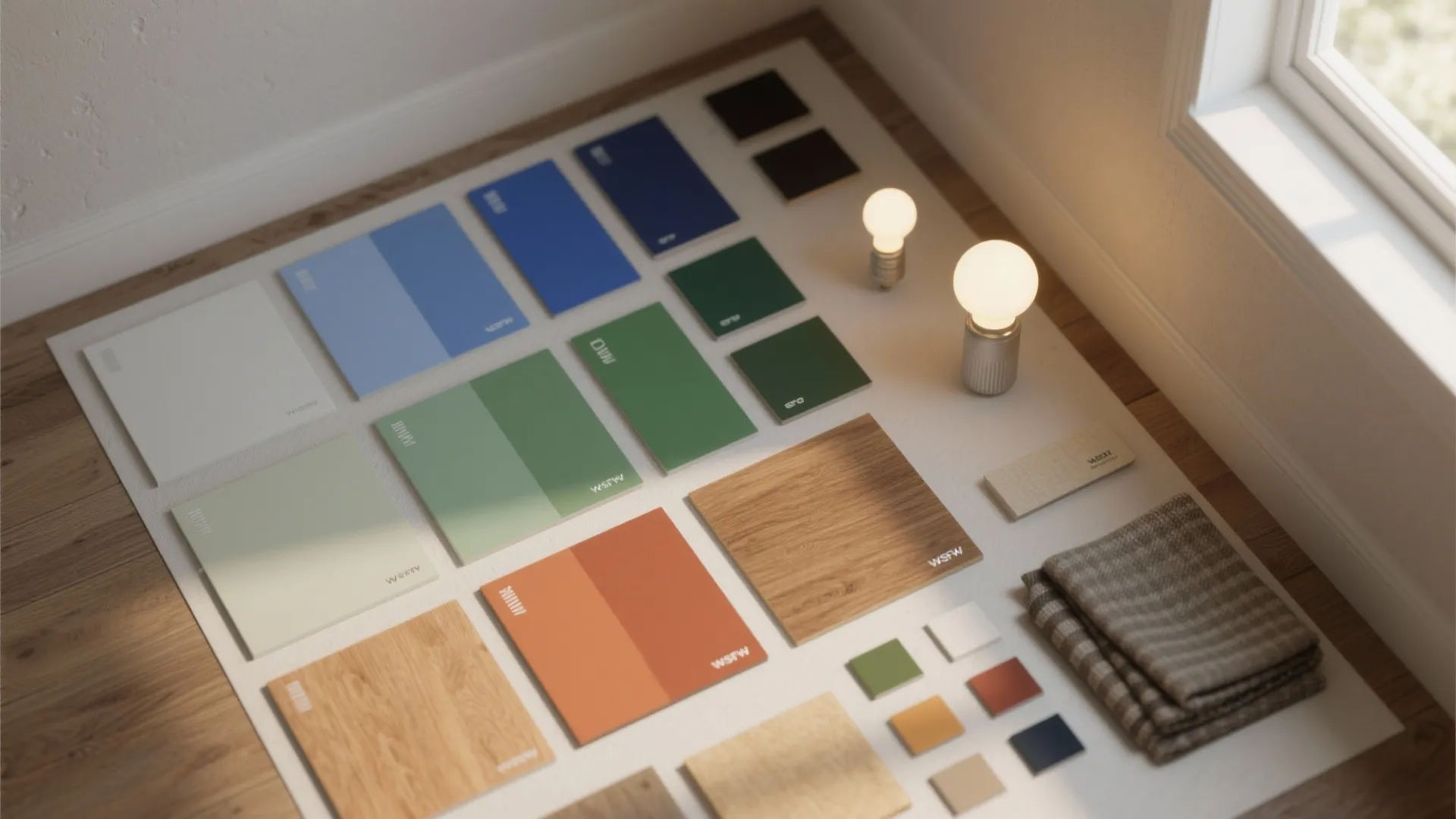 Top-down flatlay of paint chips, wood samples, fabric swatches and bulbs for testing colors.