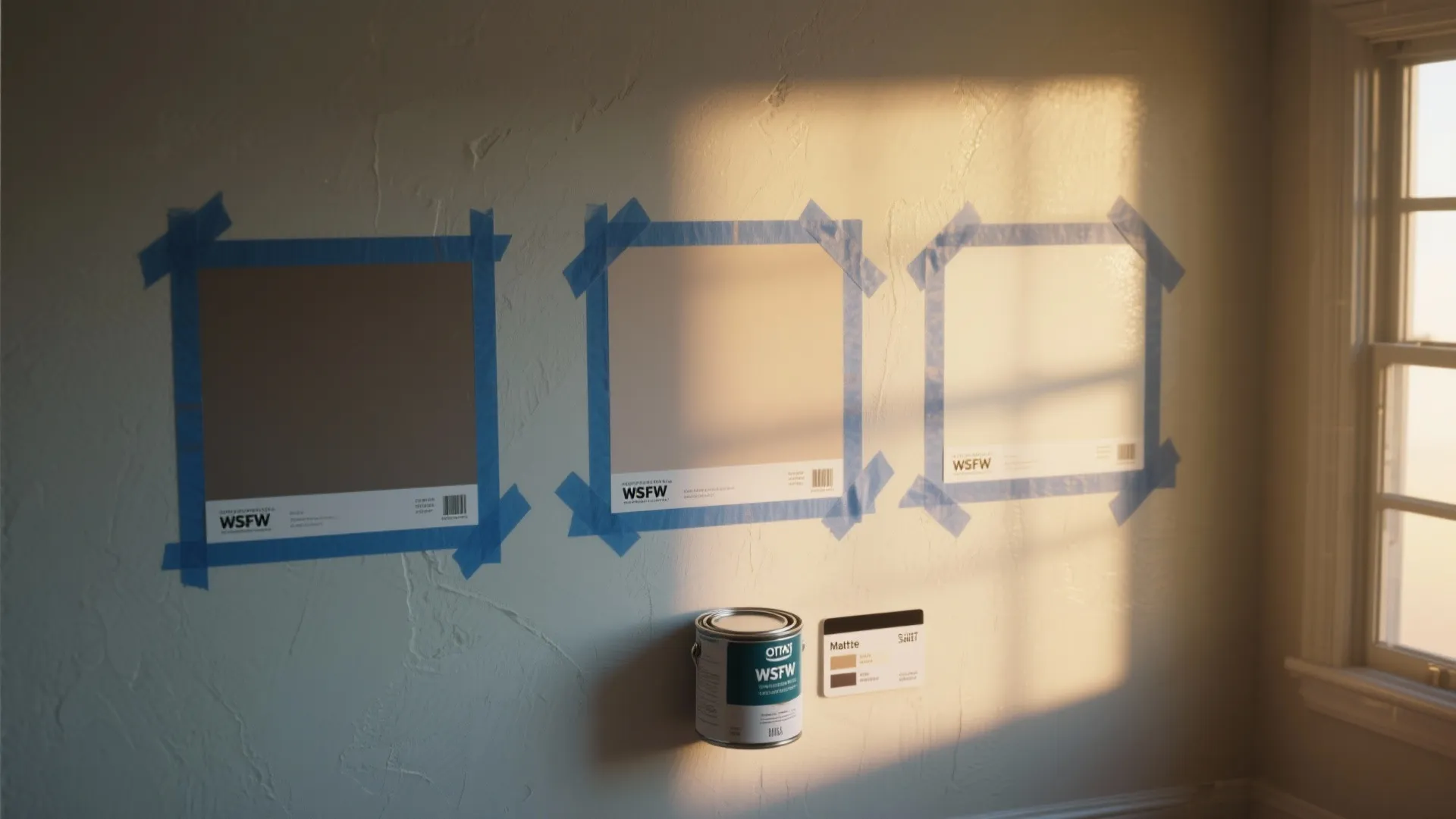 Top-down view of three paint tester patches on a wall shown under different lighting with labeling and finish swatches.