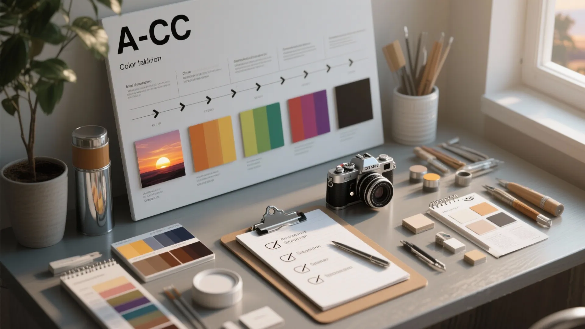 Top-down layout of a color-testing workflow with large sample boards, checklist, camera, and finish swatches.