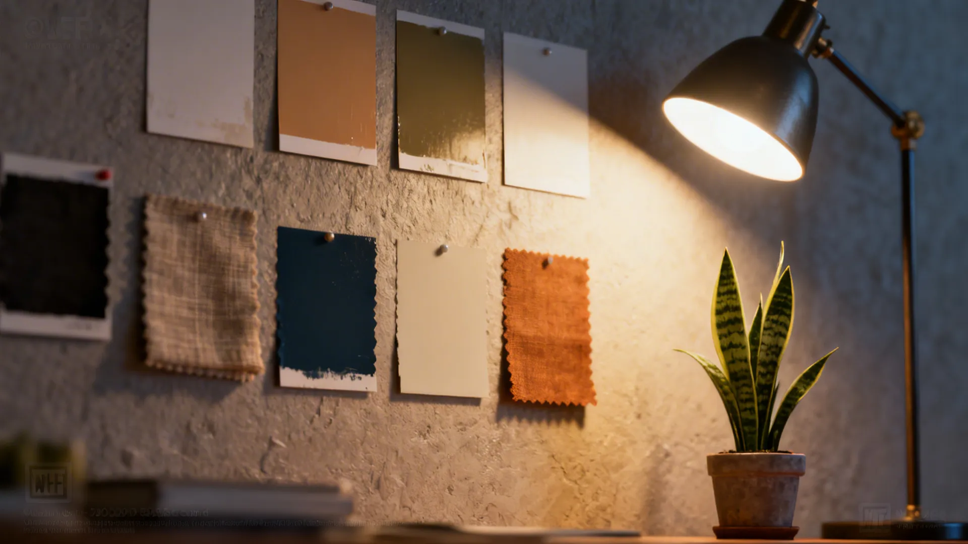 Vignettes showing paint swatches, fabric samples, a warm lamp and a small plant for color testing