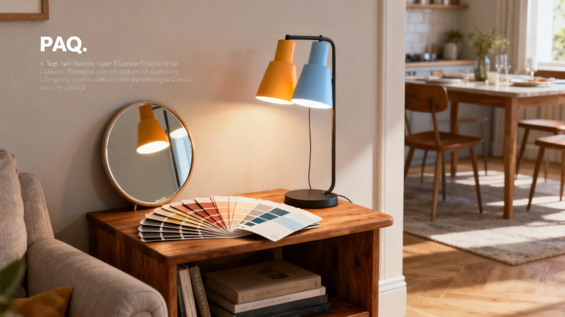 Wooden side table holding colorful paint swatches with blue and yellow table lamp plus mirror