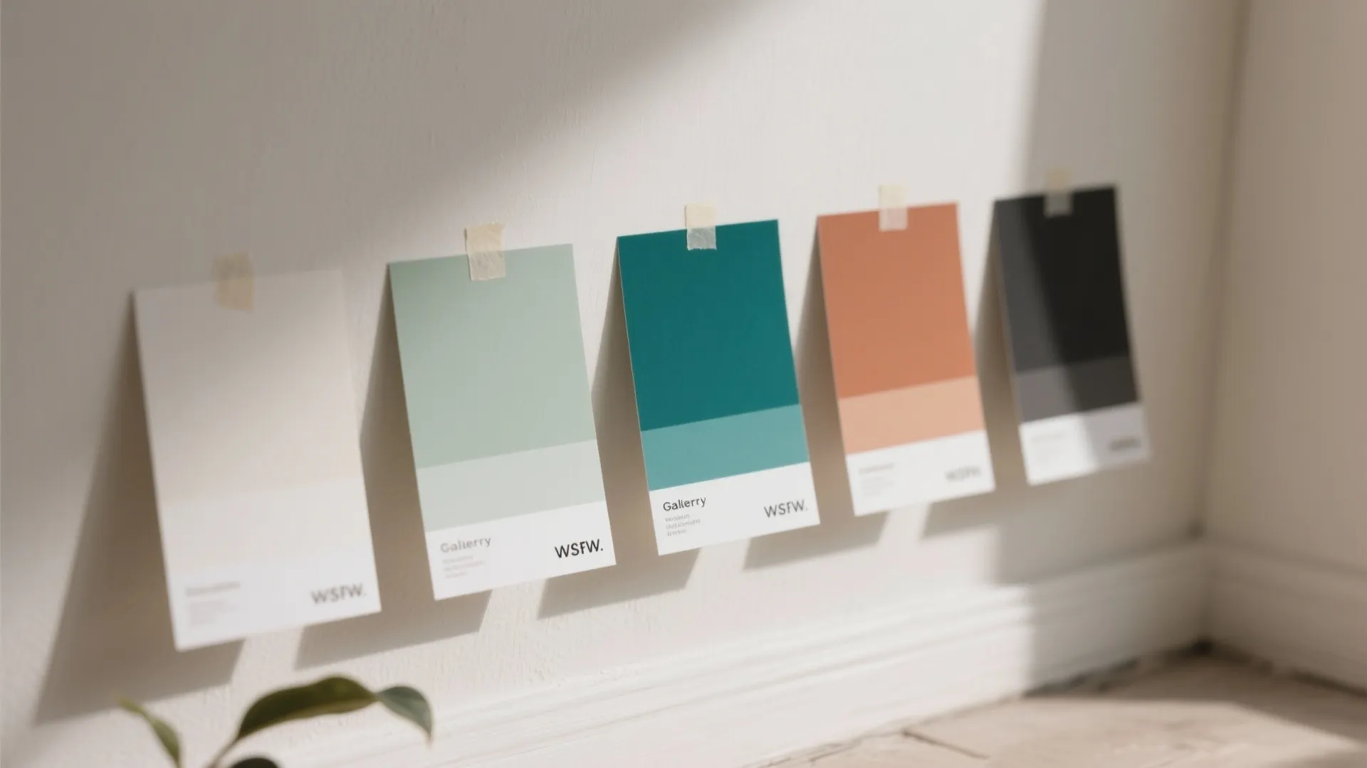 Macro view of taped paint sample cards showing whites and accent colors under soft daylight to compare undertones.