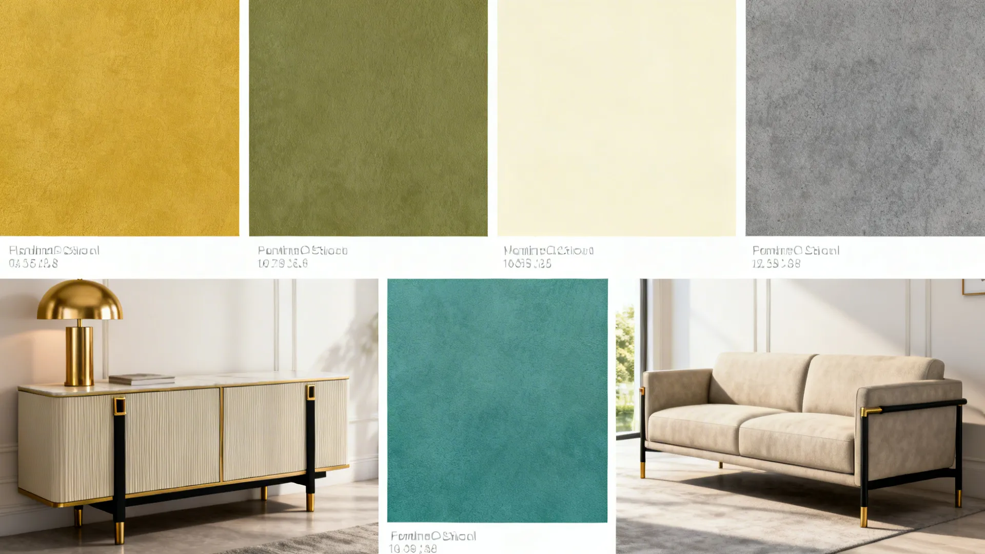 Color swatches and small furniture vignettes illustrating classic mid-century palette and pairings.