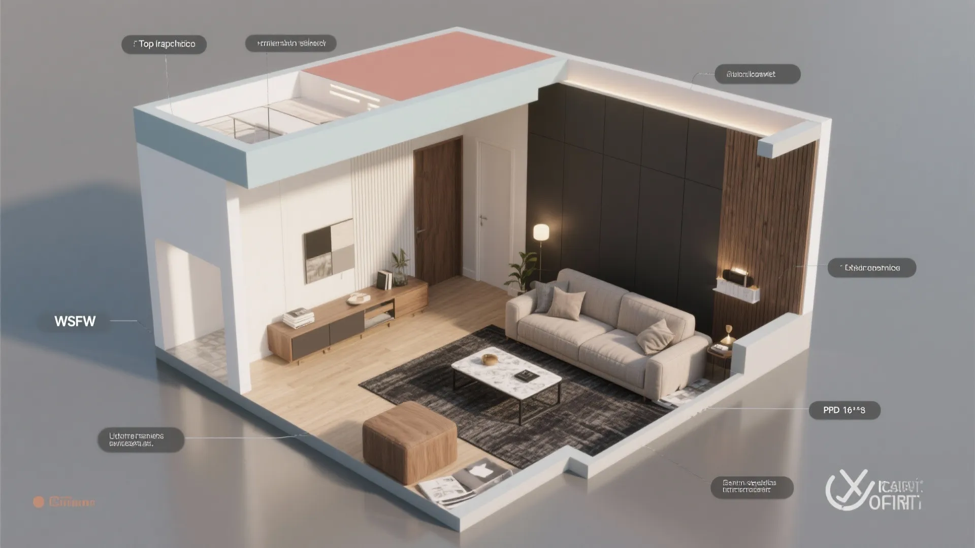 Interior design drawing showing room layout with sofa wood cabinet rug and labels for colors