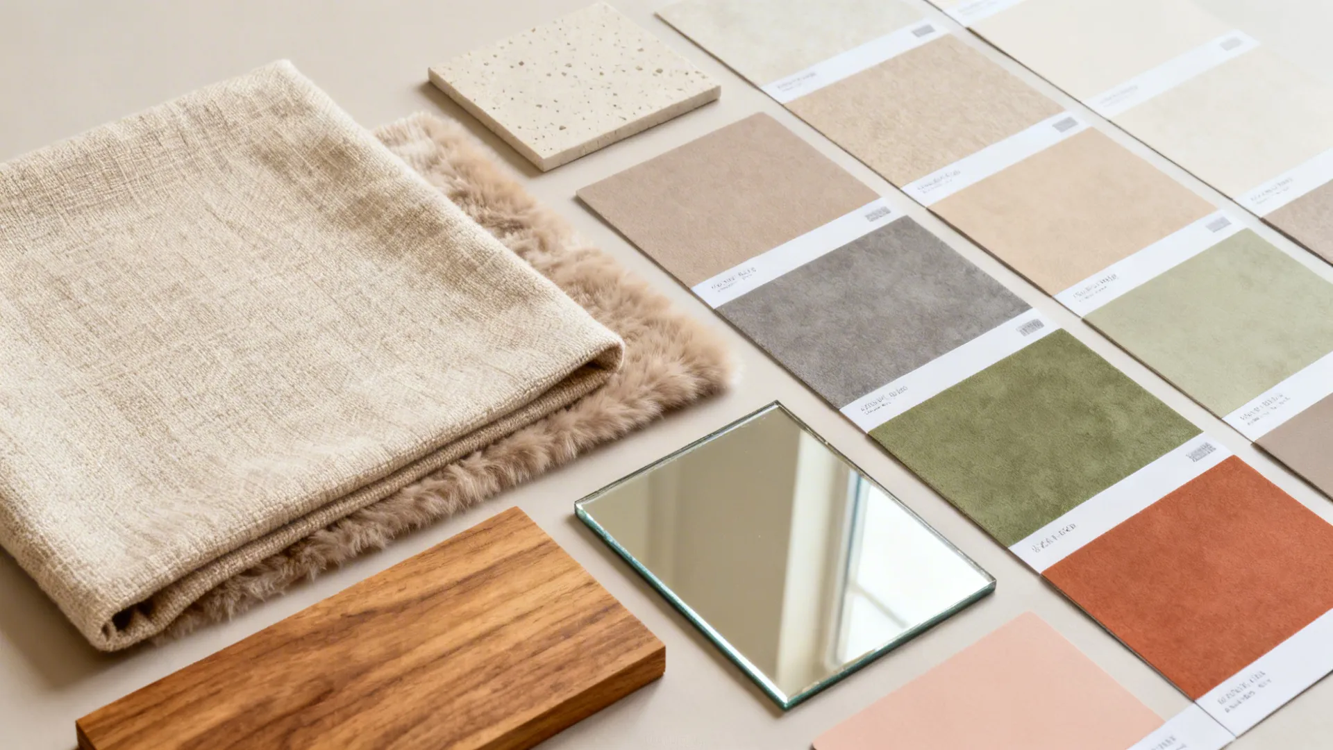 Flatlay of beige, greige, taupe-grey, sage, terracotta, blush, and lighter ceiling chips with textiles and oak.