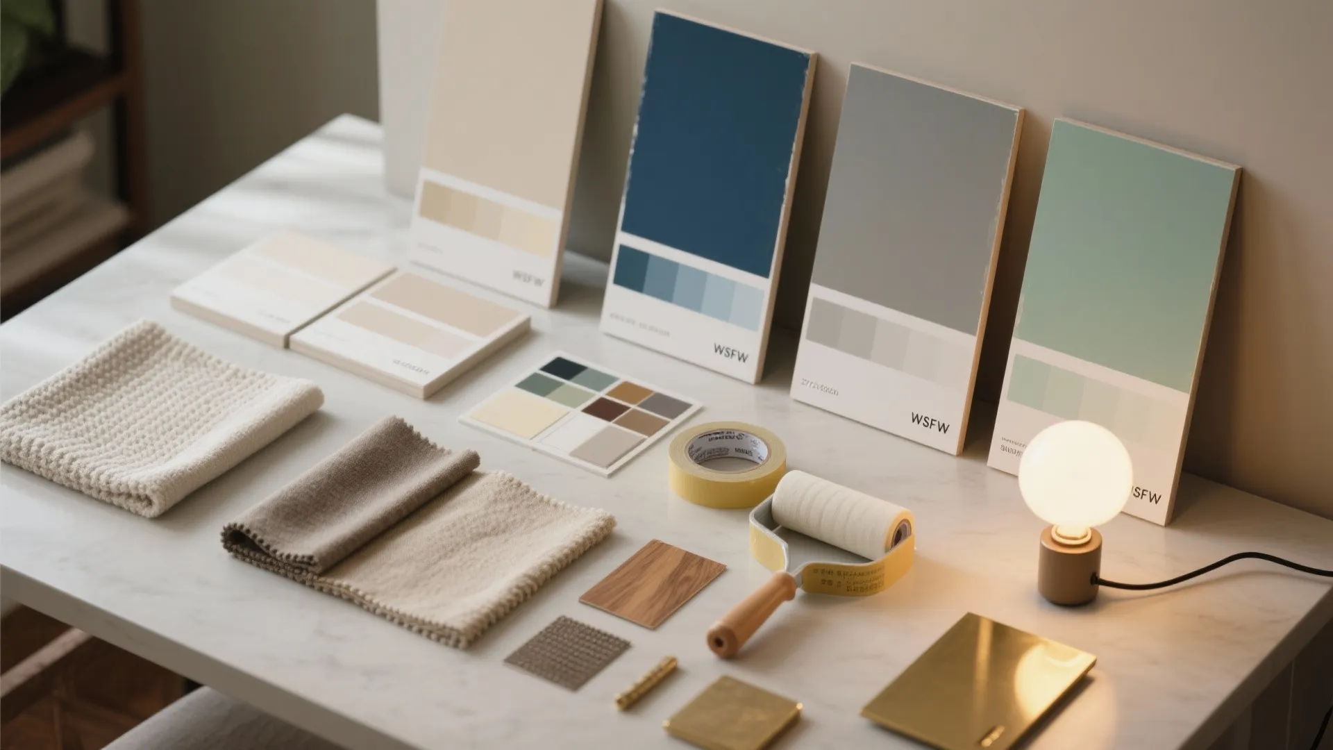 Top-down layout of paint sample boards, fabric swatches, warm bulbs, and tools for testing Dulux living room colours.
