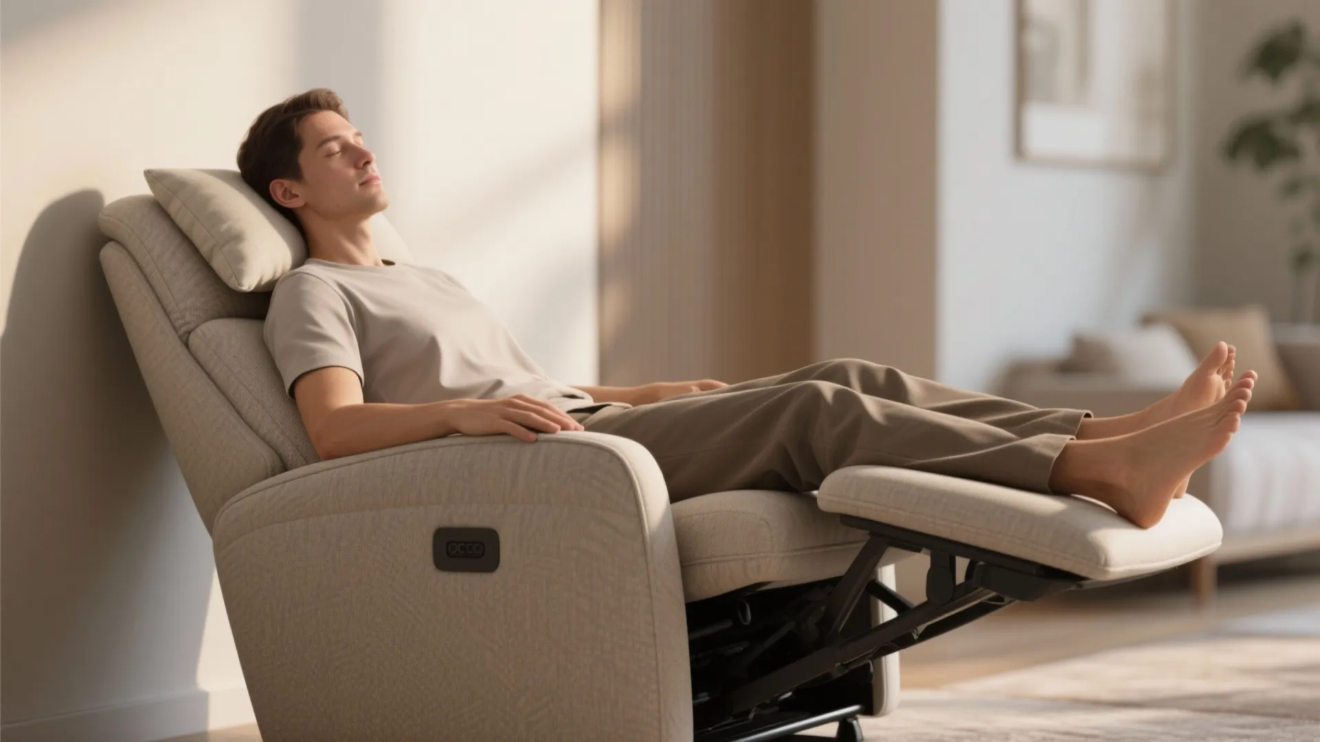 A man relaxes in a beige sofa chair with eyes closed and feet on footrest