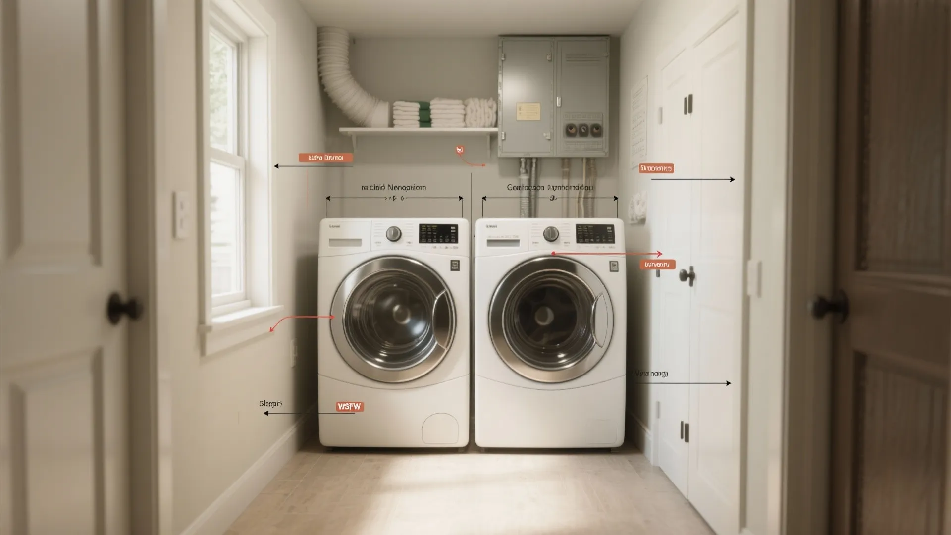 Laundry nook diagram highlighting clearances, venting and service access for stacked washer dryer installations.