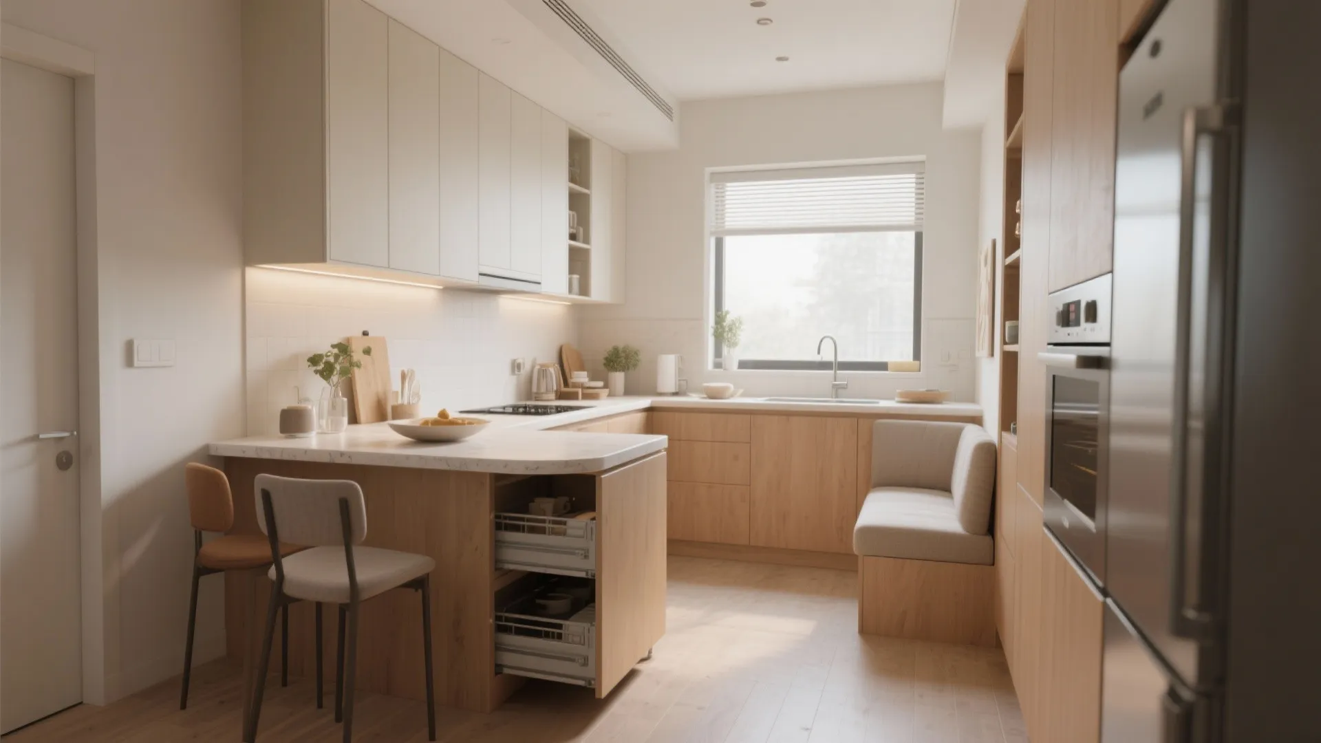 Bright compact kitchen featuring wooden cabinets white upper units window seat and integrated storage drawer system