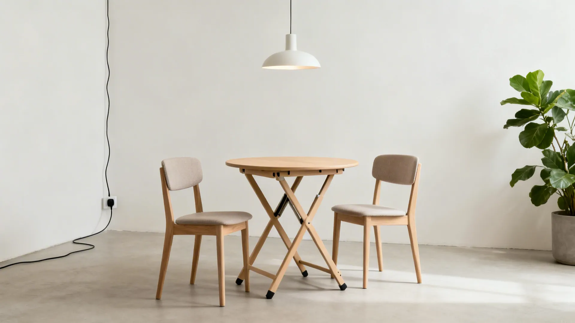 Compact two-person folding dining setup with correct seat and table heights in a minimalist studio.