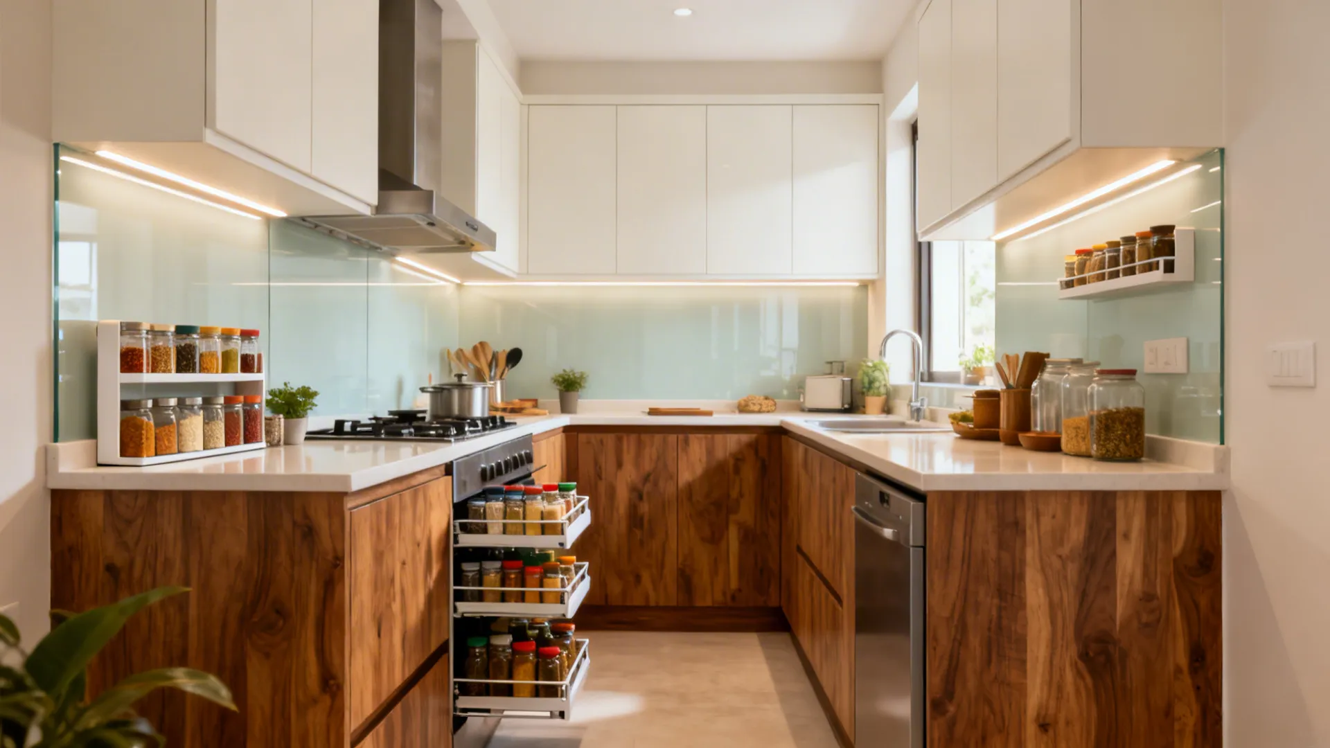 Montage of small kitchen solutions including L-shape, spice pull-out, glass backsplash, LEDs, and chimney.