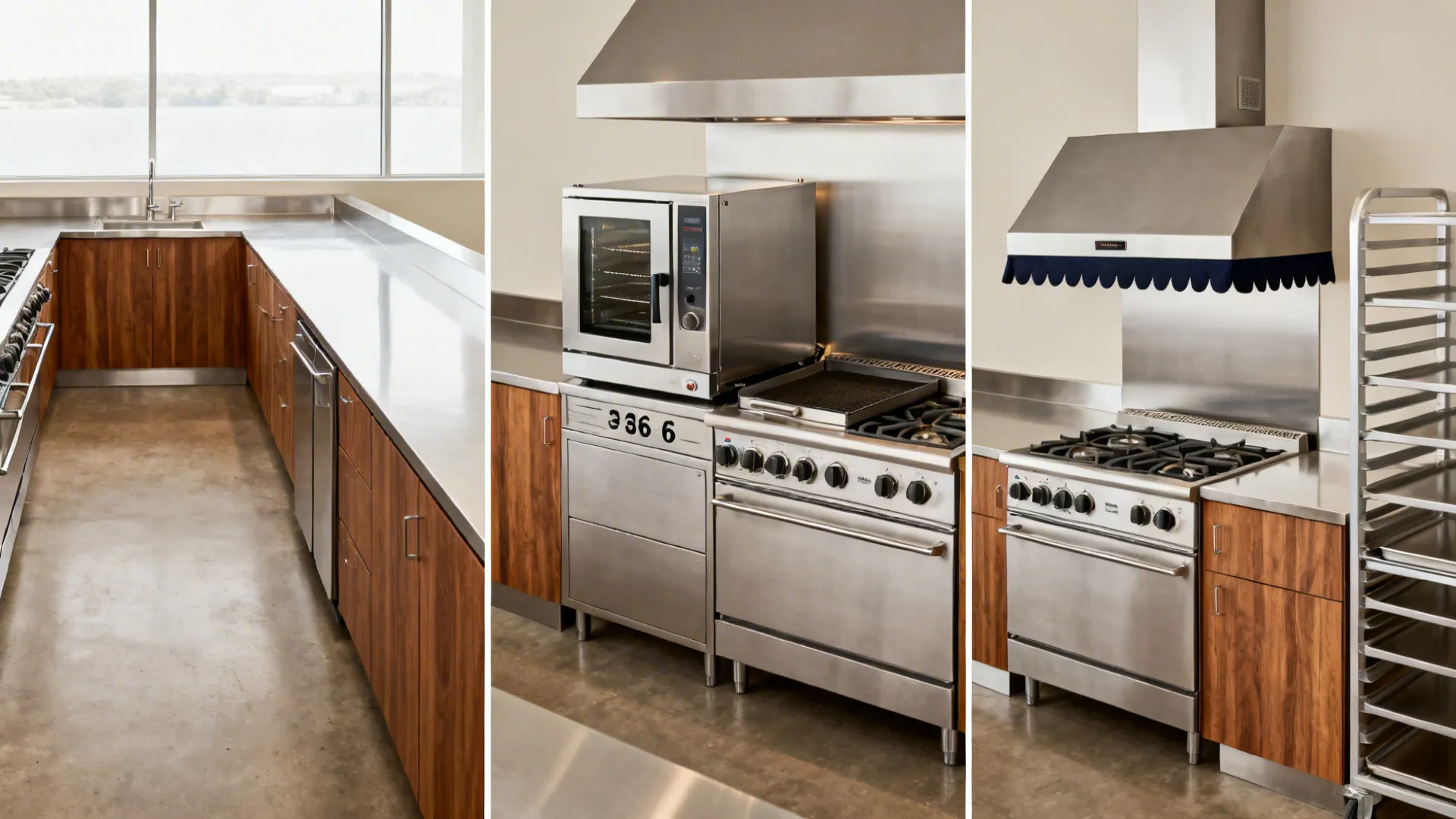 Composite view of an L-shaped line, compact equipment picks, and hood with skirts plus vertical storage.