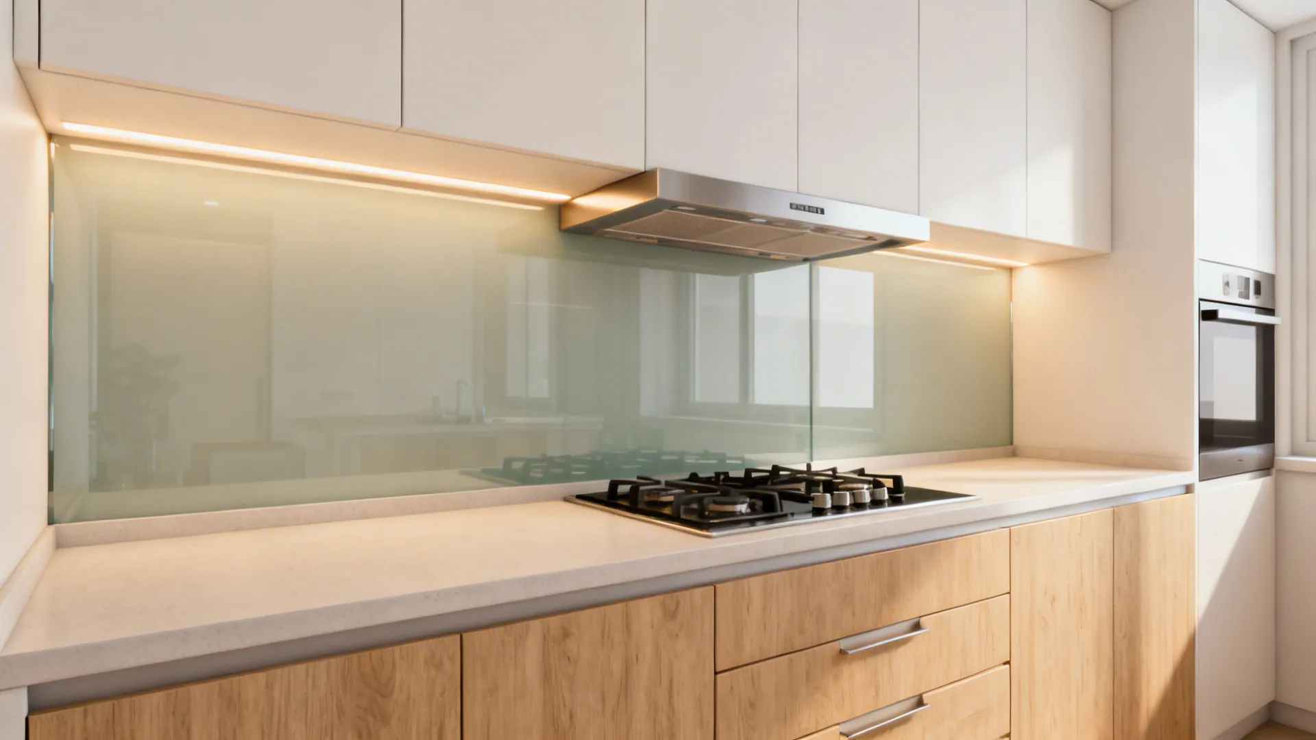 Bright compact kitchen with light matte cabinets, glass backsplash, and drawer storage.