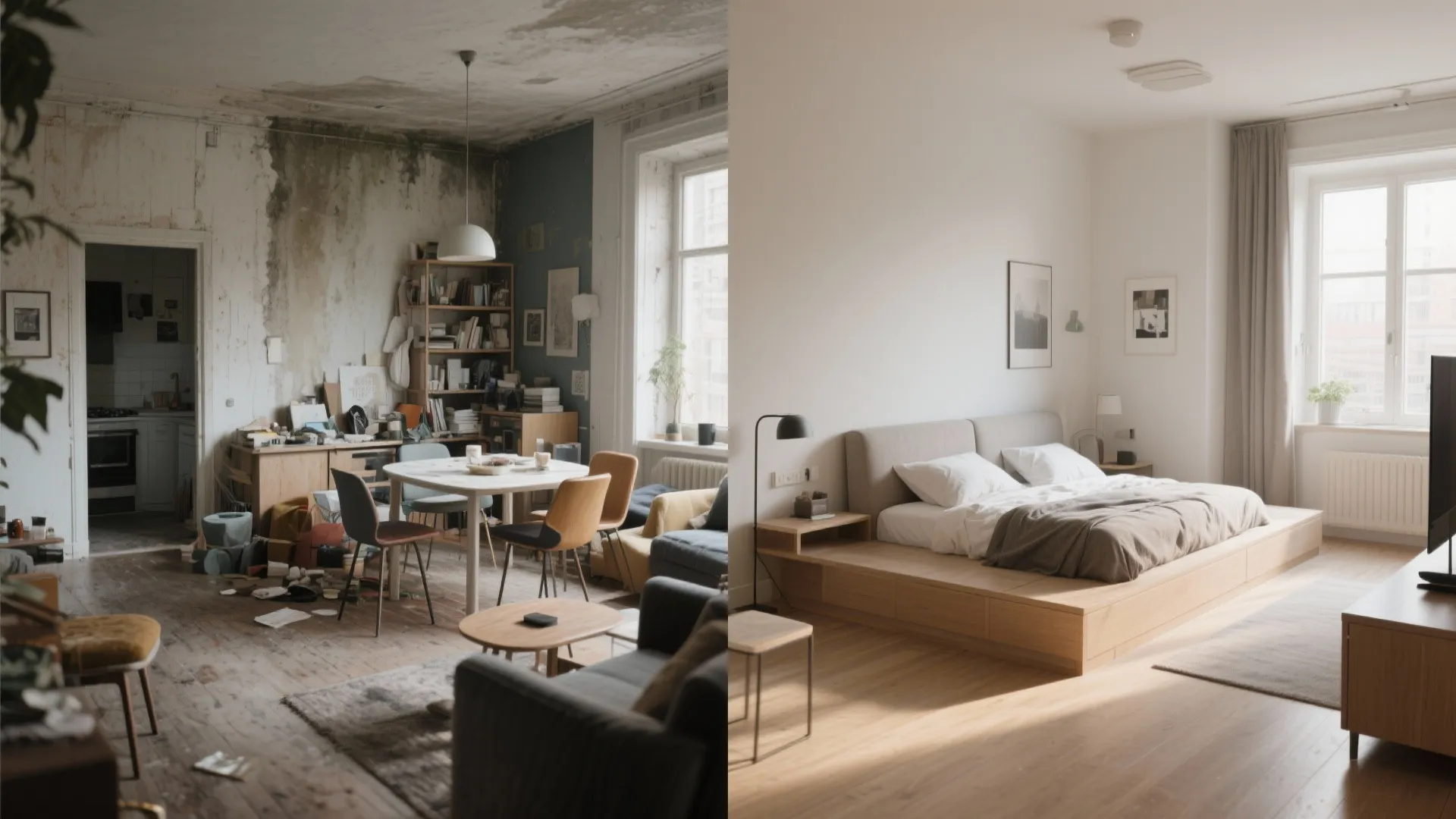 Before and after comparison of a messy old apartment versus a modern minimalist bedroom design