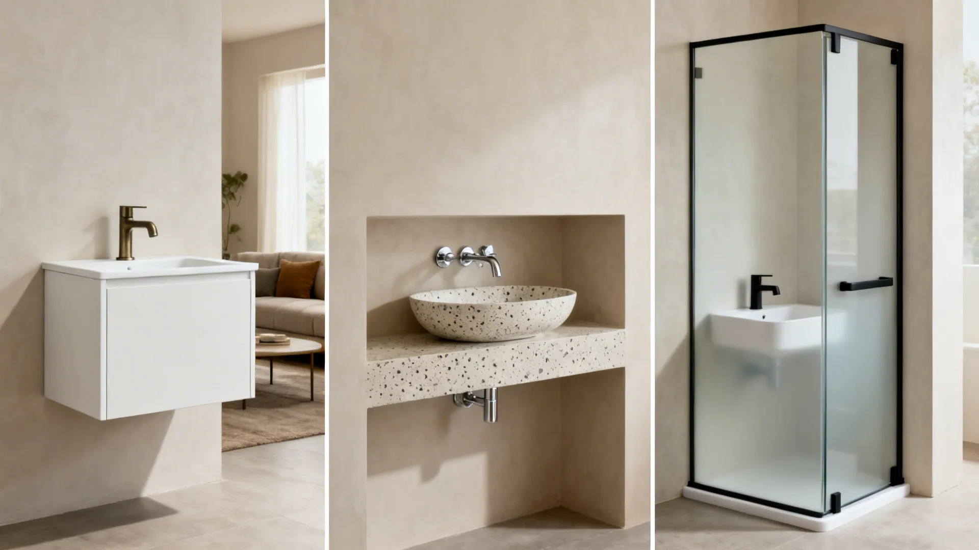 Three compact living room basin solutions: floating, recessed niche, and corner with screen.