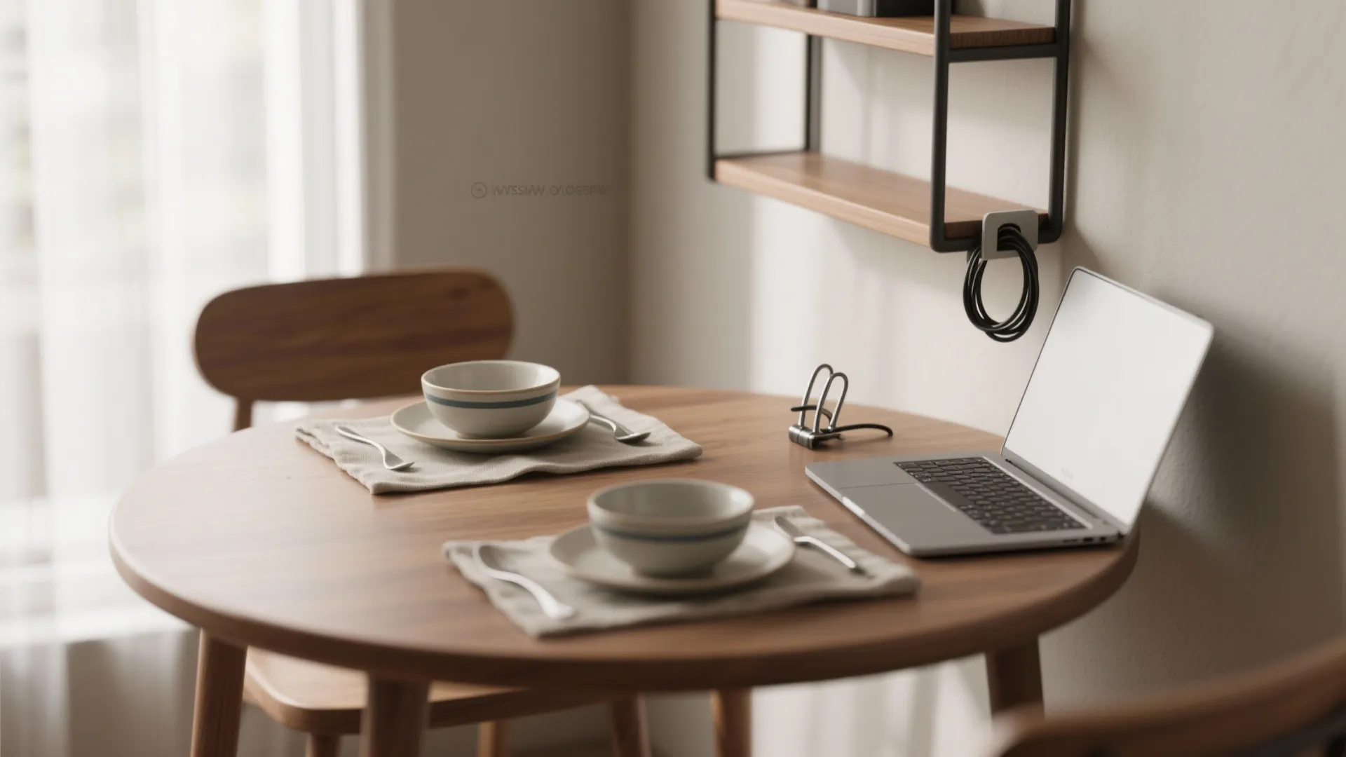 Close up view of a round wooden table with laptop, bowls, and wall storage shelf