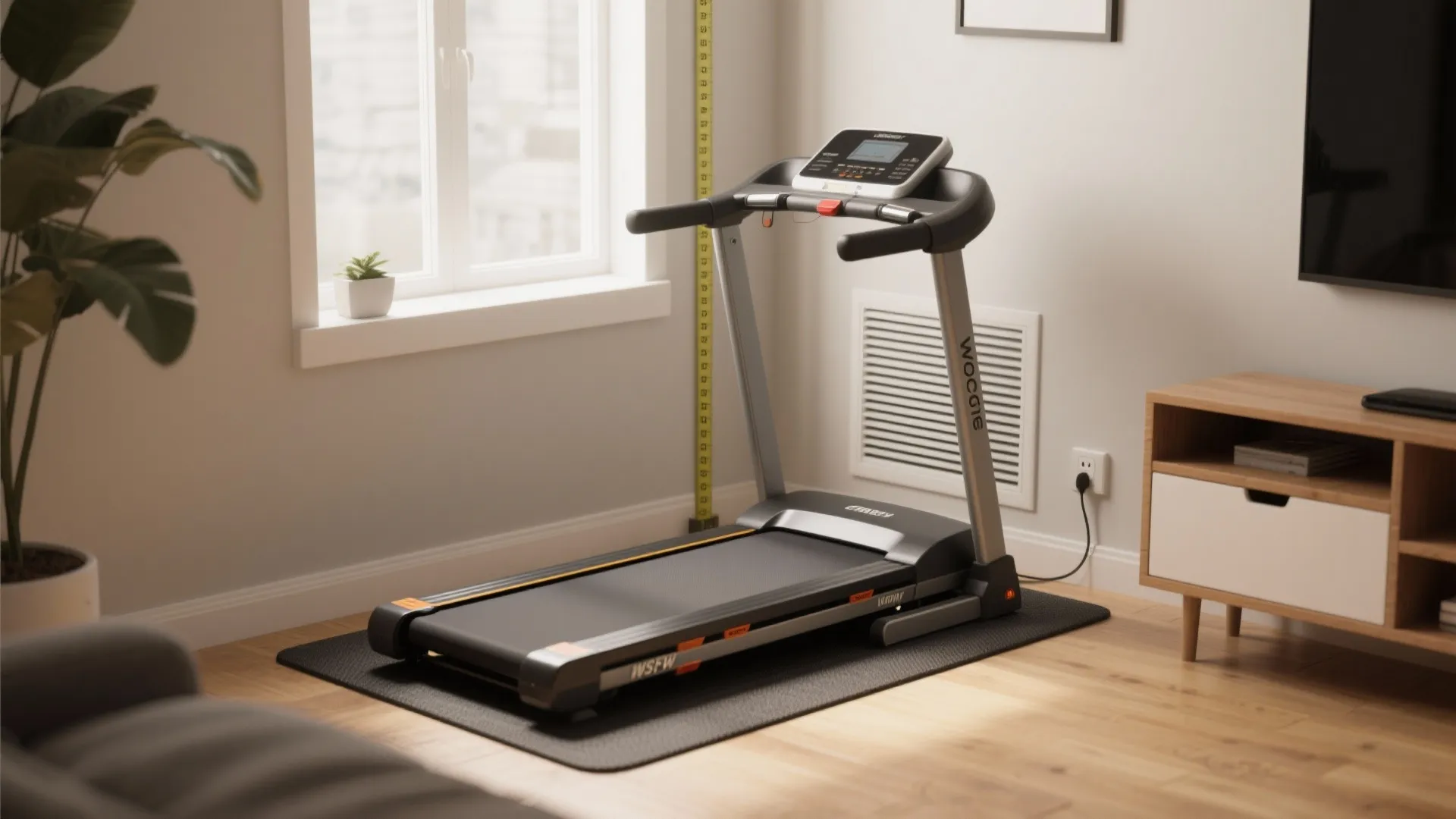 Compact treadmill placed on a black mat in a bright room with light wood flooring