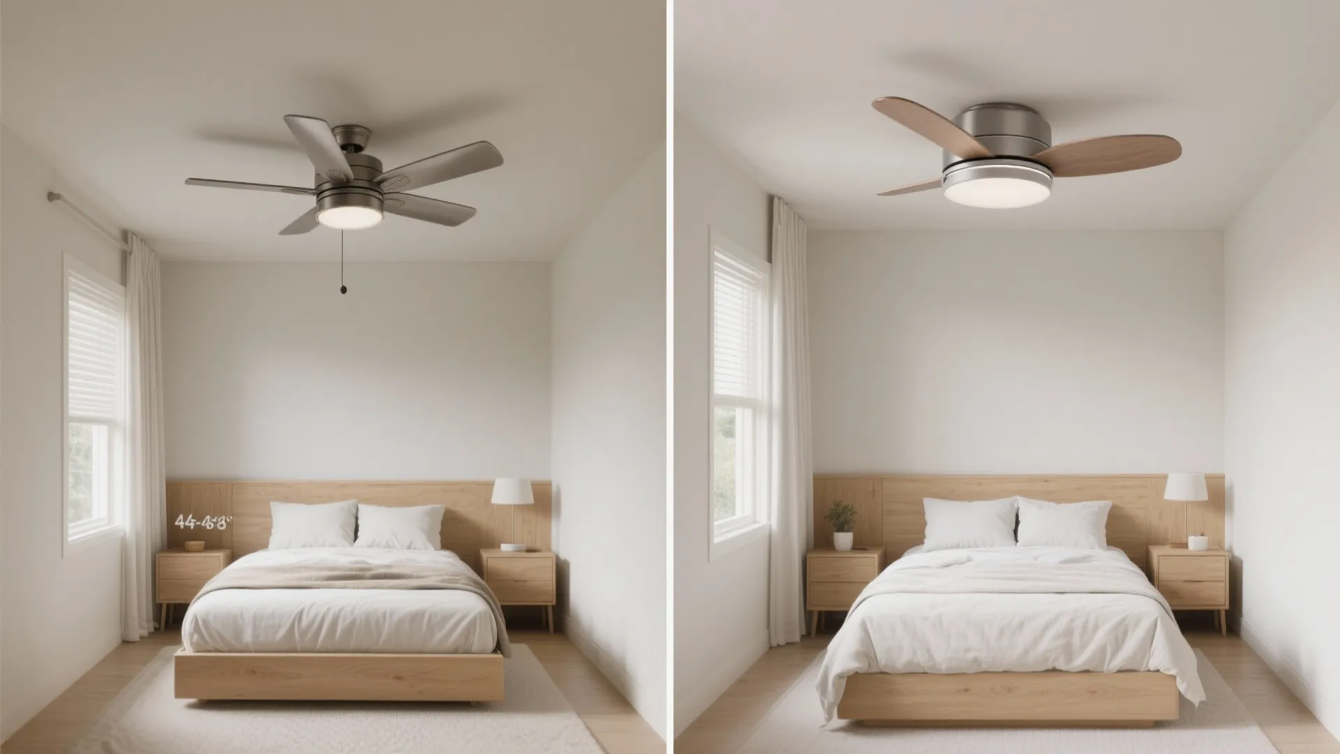 Split view comparing a 44–48 inch fan and a 52-inch flush-mount in similar small bedrooms under soft daylight.