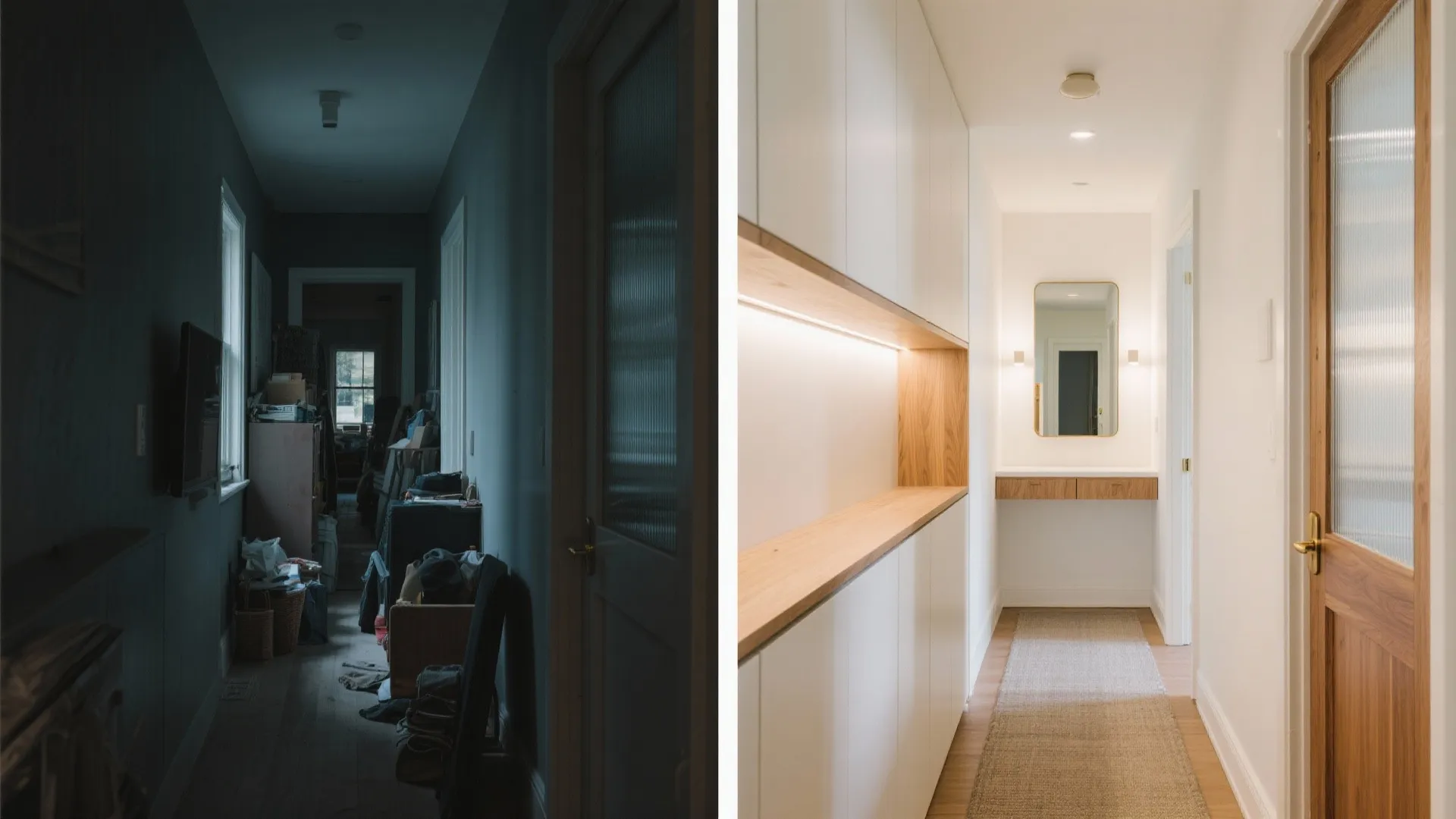 Side by side comparison of a dark messy hallway versus a bright renovated white hallway
