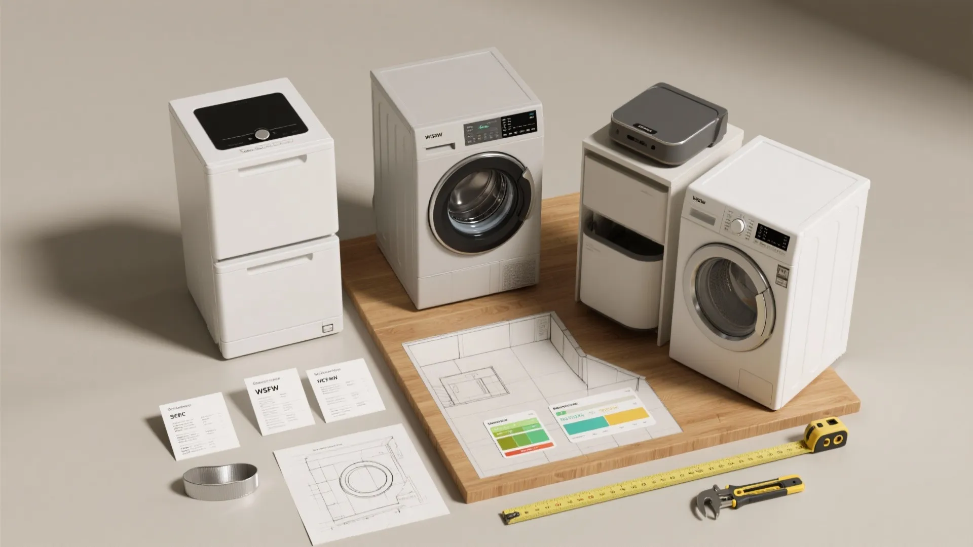 Modern laundry appliances with room layout drawings and measuring tools on a wooden design board