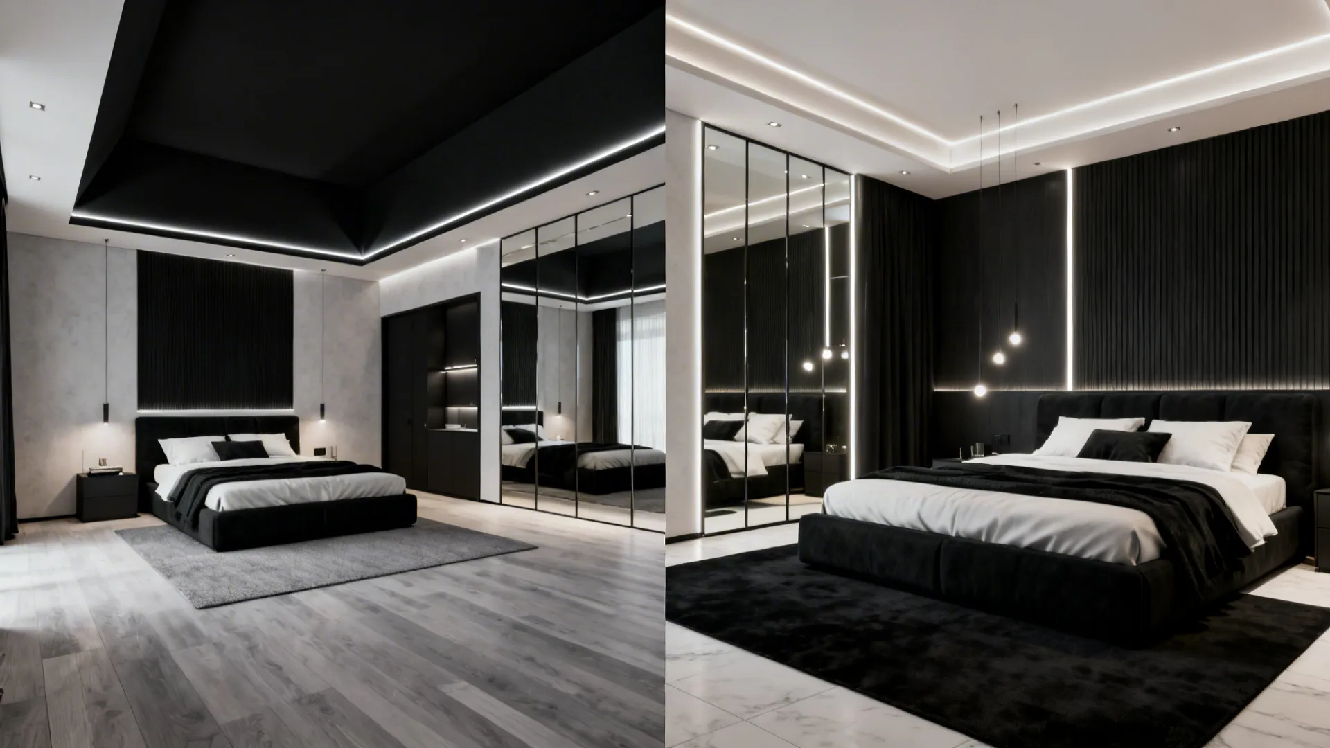 Comparison of bedroom treatments: black ceiling in large room vs layered-light small bedroom
