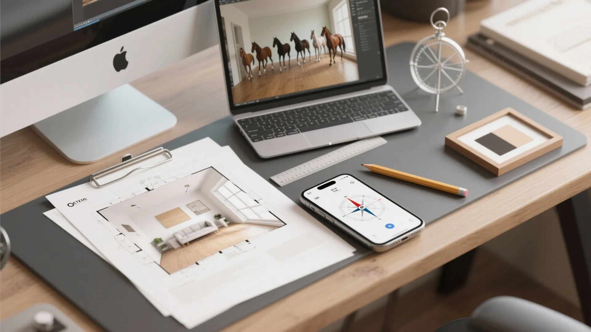 Designer desk with laptop showing room layout and phone displaying a compass for interior design