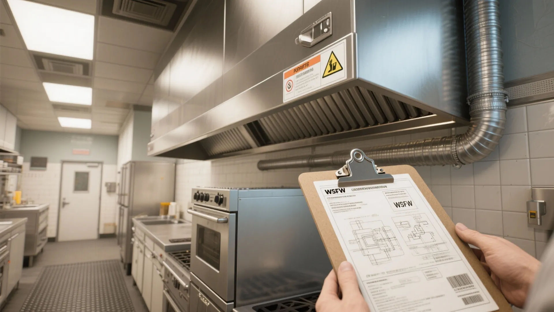 Close-up of ventilation hood, permit clipboard, and slip-resistant flooring sample in a commercial kitchen