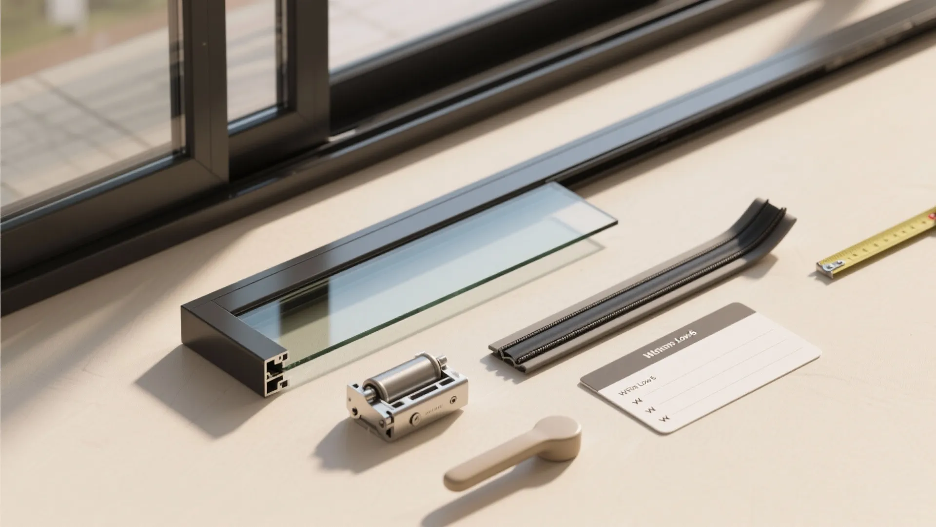 Interior design drawing showing window hardware parts with black frames glass and small metal roller tool