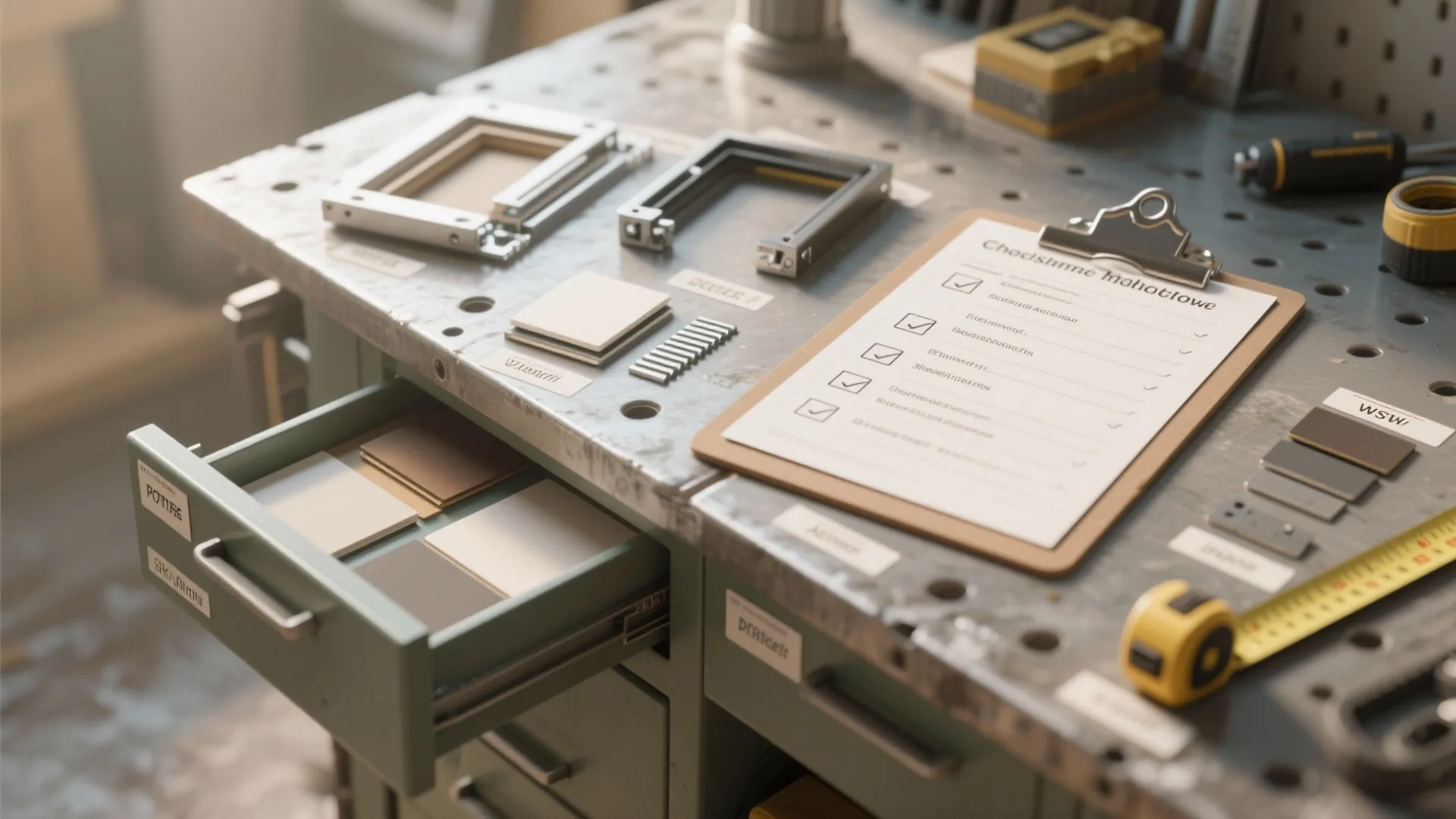 Industrial workbench featuring a clipboard checklist with small metal parts and material samples in open drawer