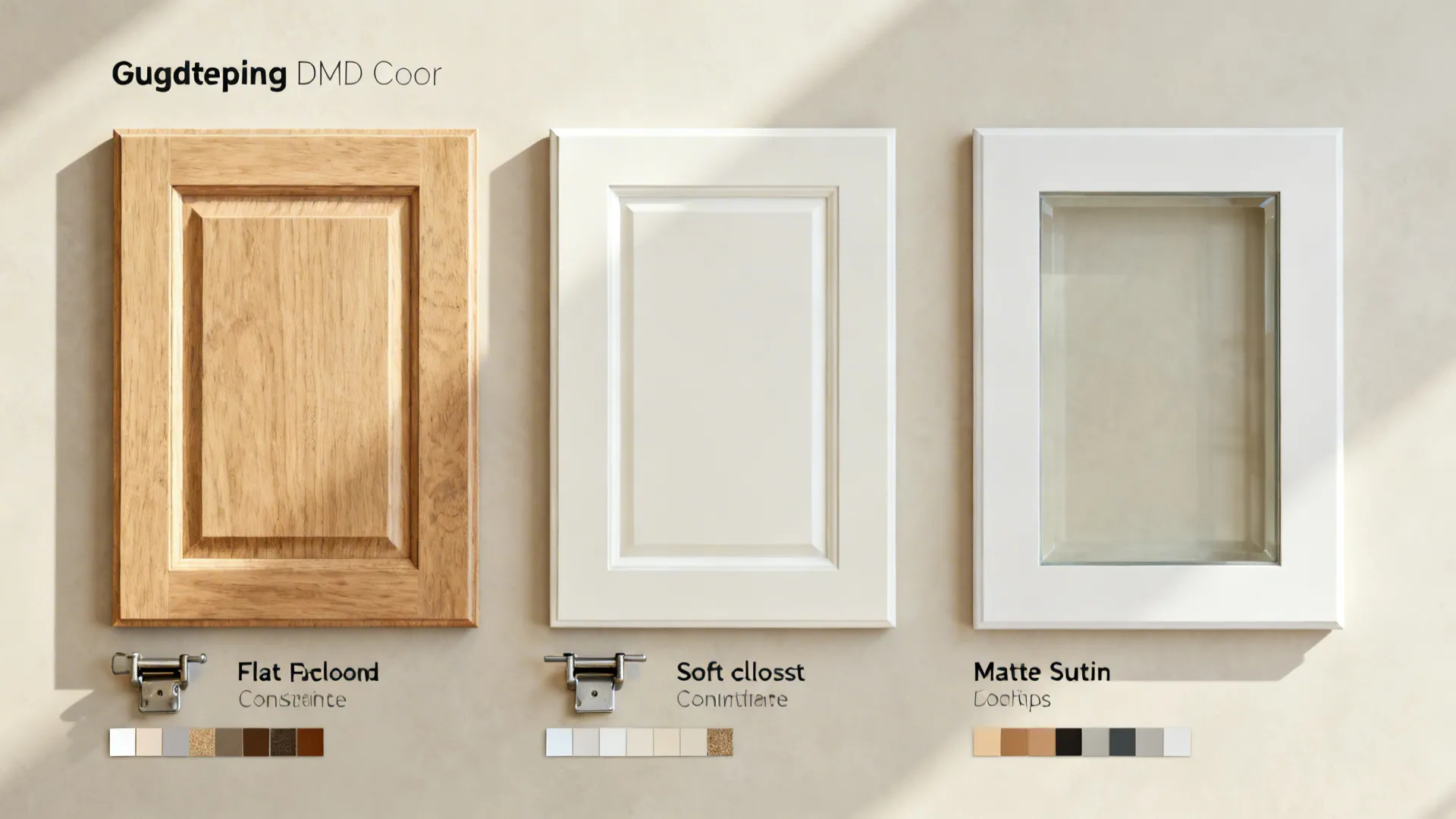 Top-down layout of cabinet door samples, hinges, glass, and finish chips for FAQs.