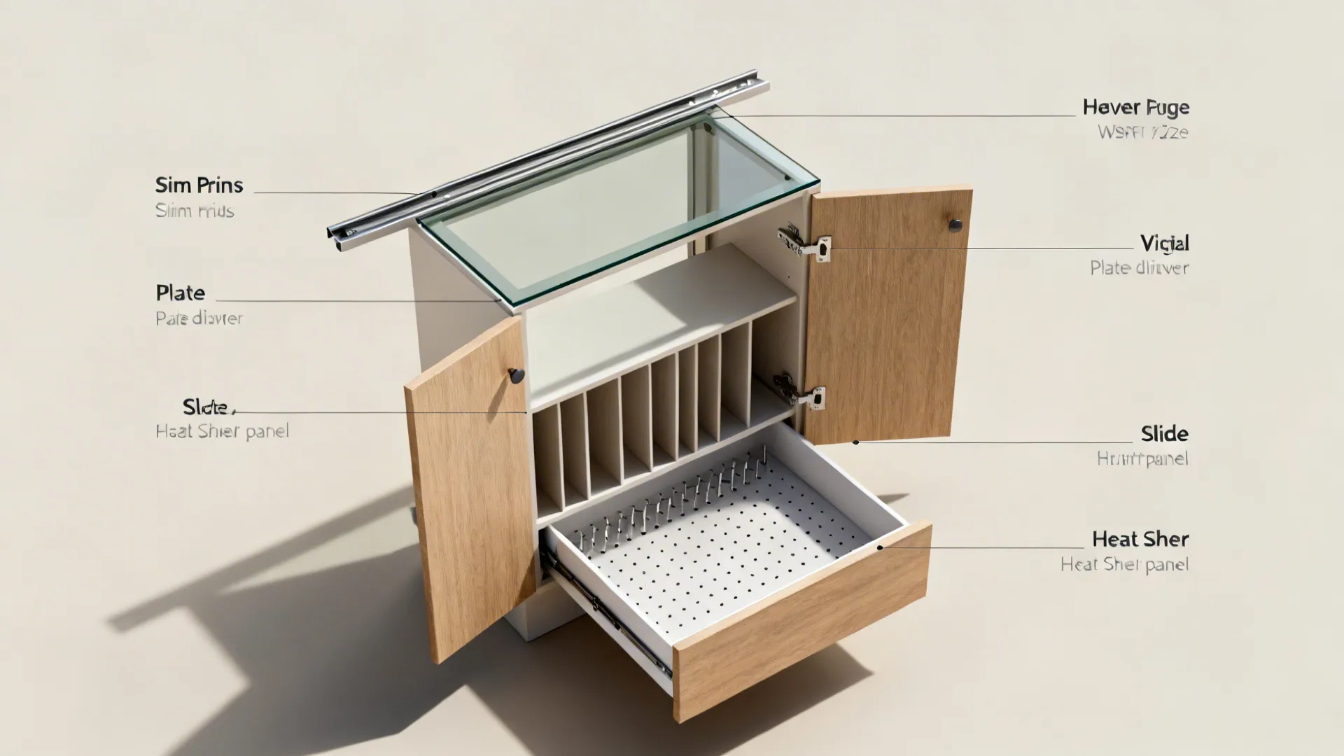 Top-down layout of cabinet parts: slim rails, glass panel, plate drawer, dividers, hinges, and heat shield.