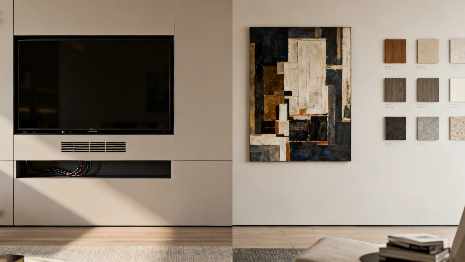 Split-view showing a media-focused wall with hidden storage and an artwork-focused gallery wall as FAQ illustrations.