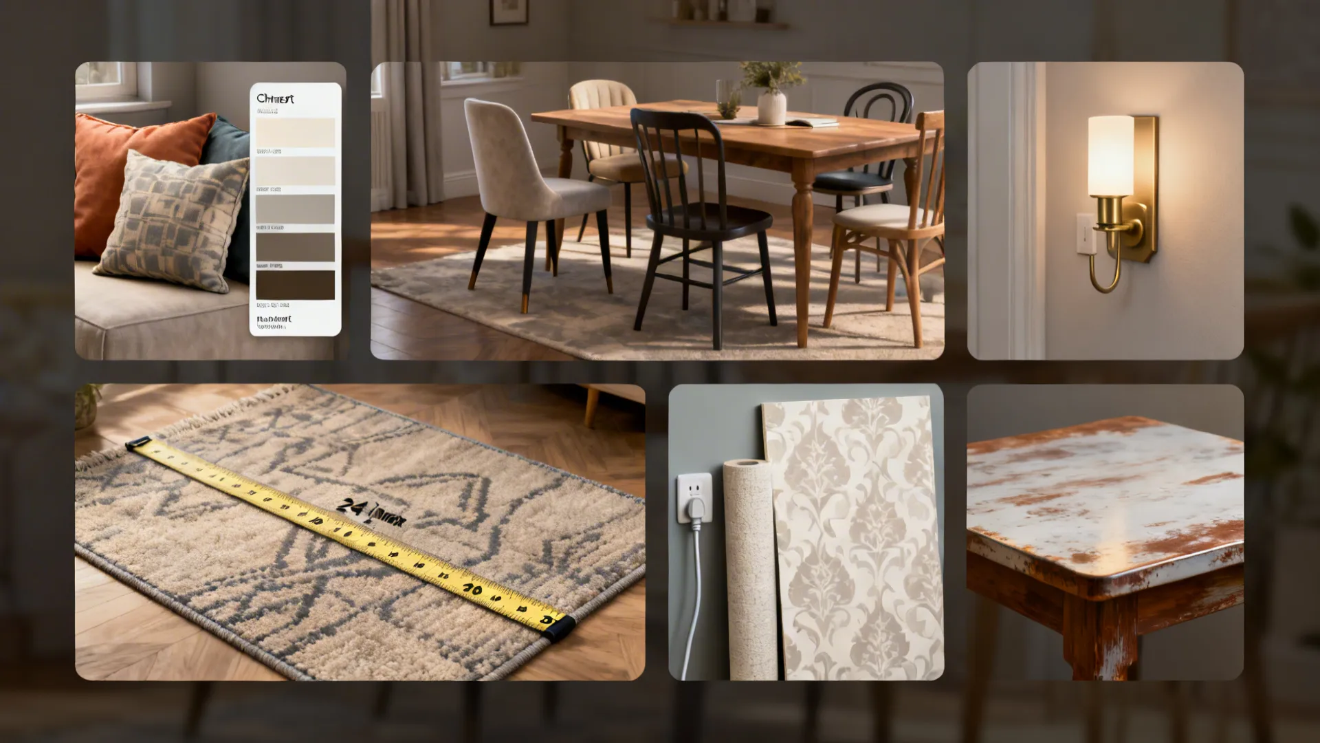 Interior design board showing dining furniture color palette wall light rug measurement wallpaper and table