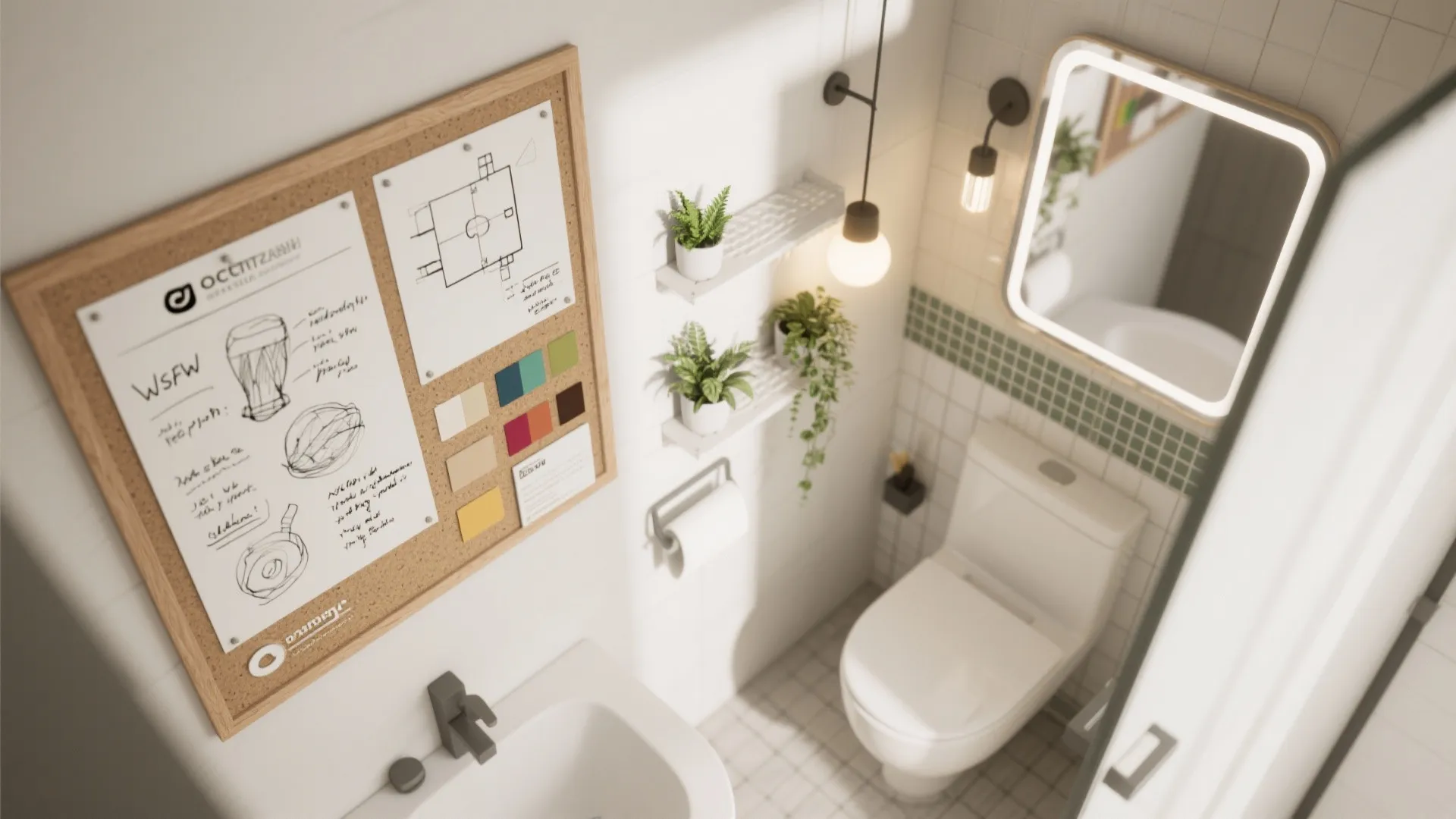 Small bathroom layout with white toilet cork board with design drawings mirror and hanging light