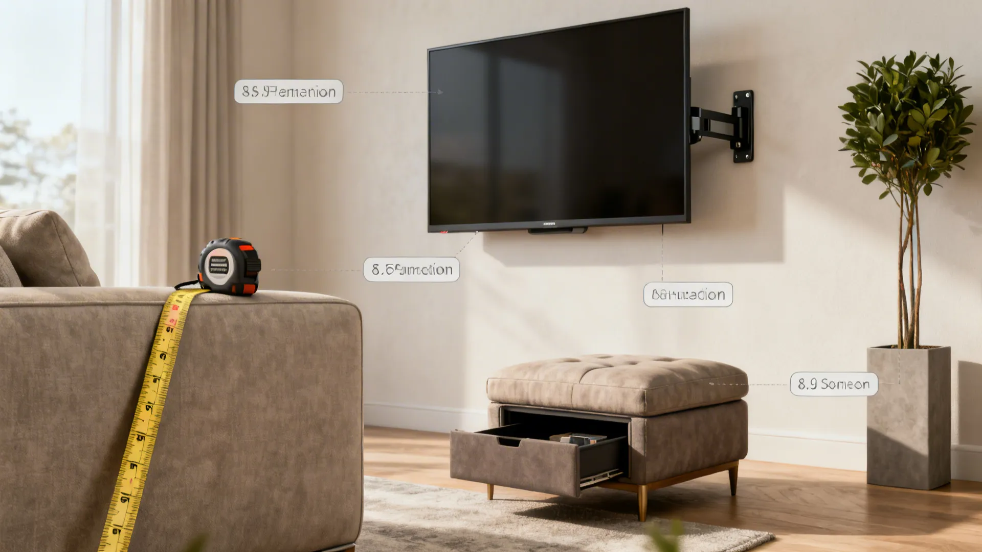 Collage of measuring tape, wall-mounted TV, storage ottoman, and tall narrow planter representing small living room FAQs