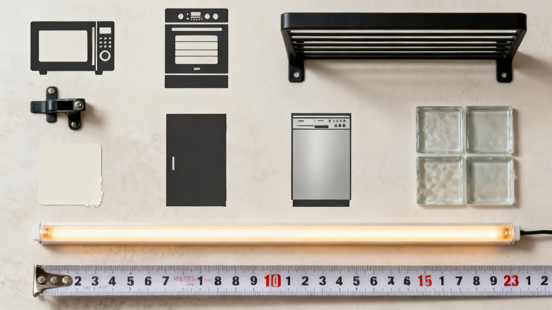 Flat lay of compact appliance silhouettes, pocket door hardware, rack bracket, glass tile, paint chip, and LED strip.