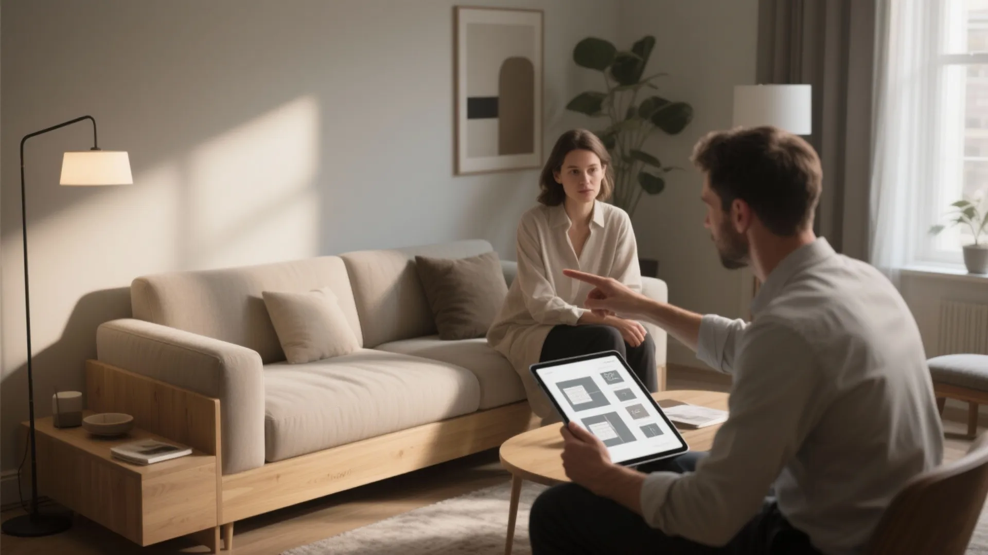 Man holding tablet showing interior design drawing while talking to woman on beige sofa indoors
