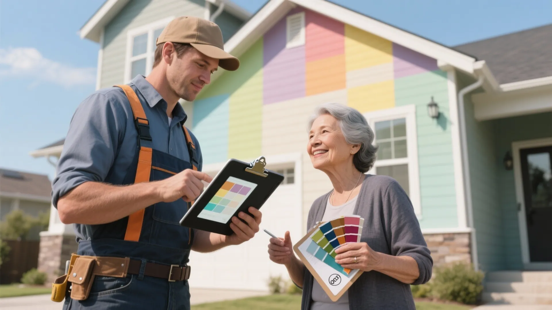 Home painter showing color paint samples to an elderly woman in front of a house