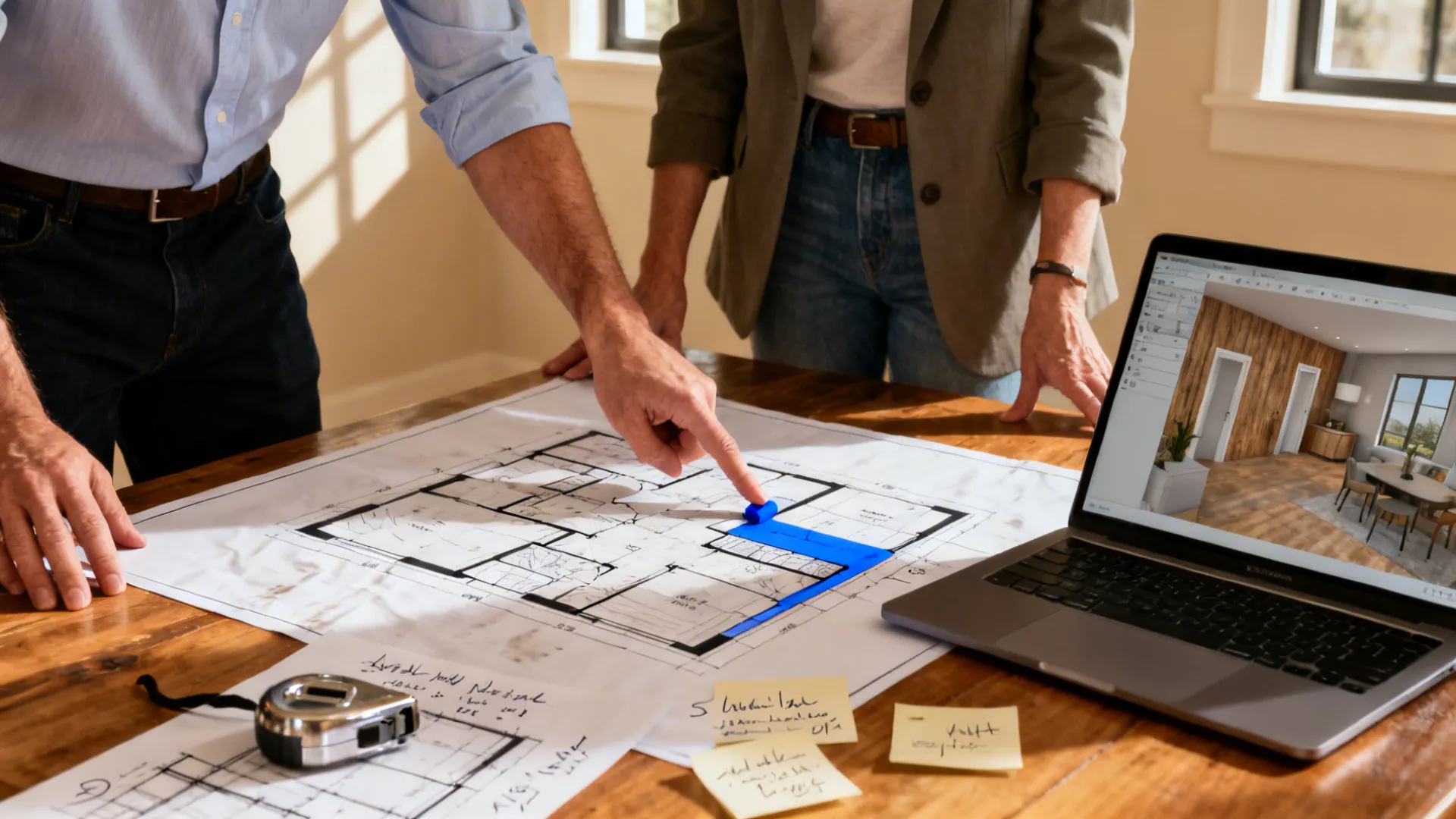 Designer consulting with homeowner over floorplan and 3D planner about a pass-through window.