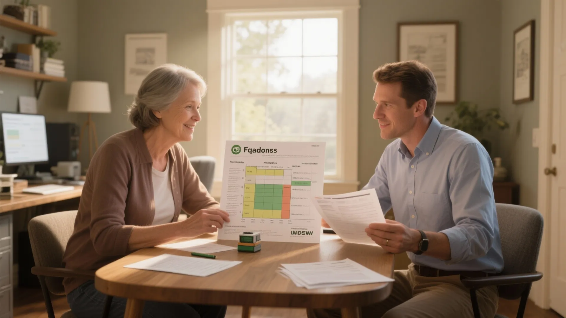 Man and woman sitting at wooden table reviewing home design documents and charts in bright room