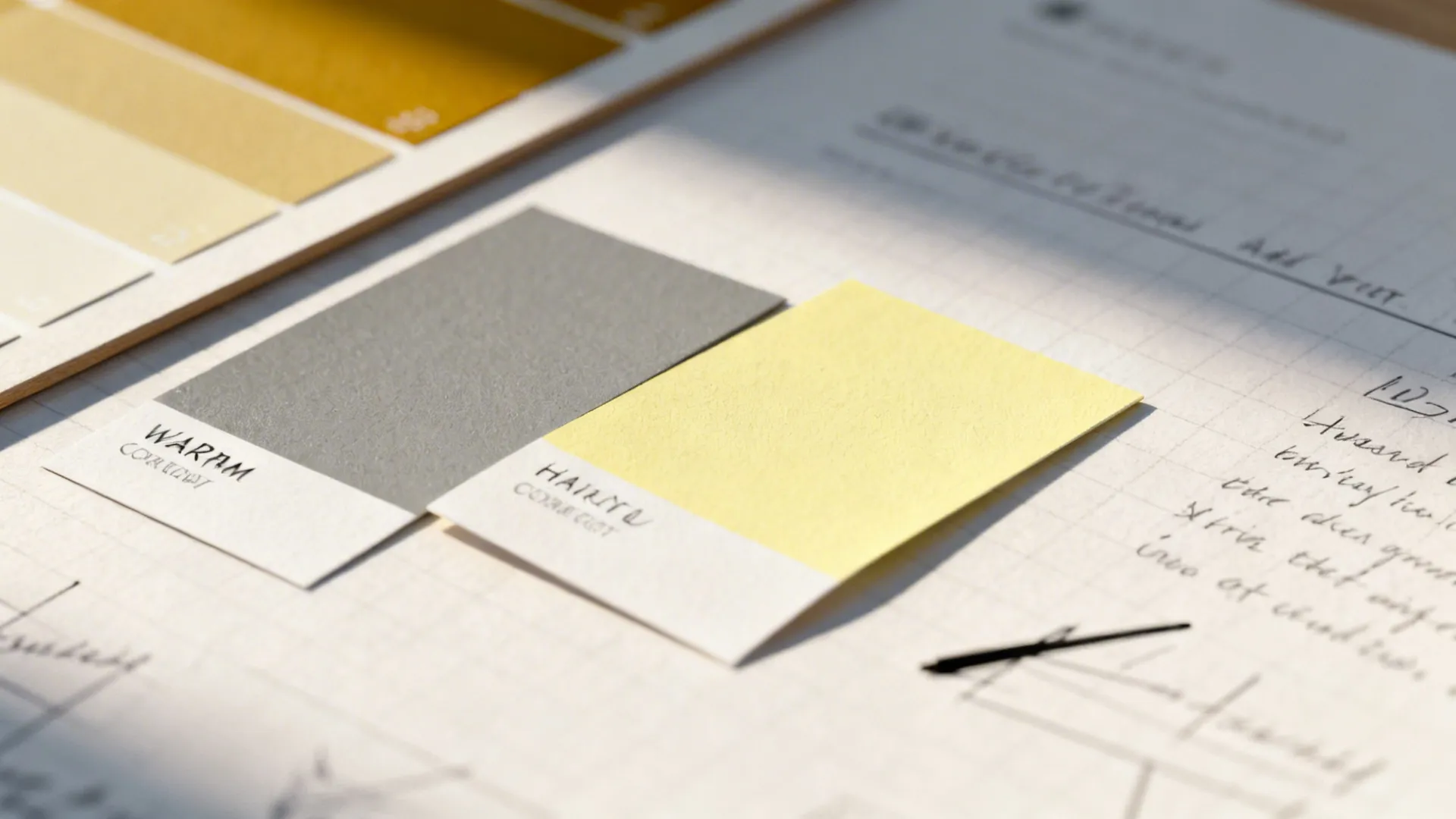Grey and yellow color cards on grid paper with handwritten interior design plans and notes