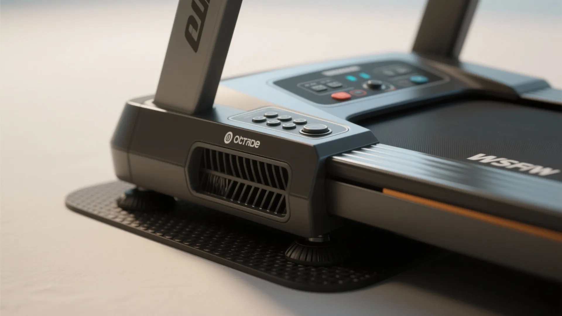 Macro close-up of a treadmill control panel and rubber isolation foot showing textures and build quality.