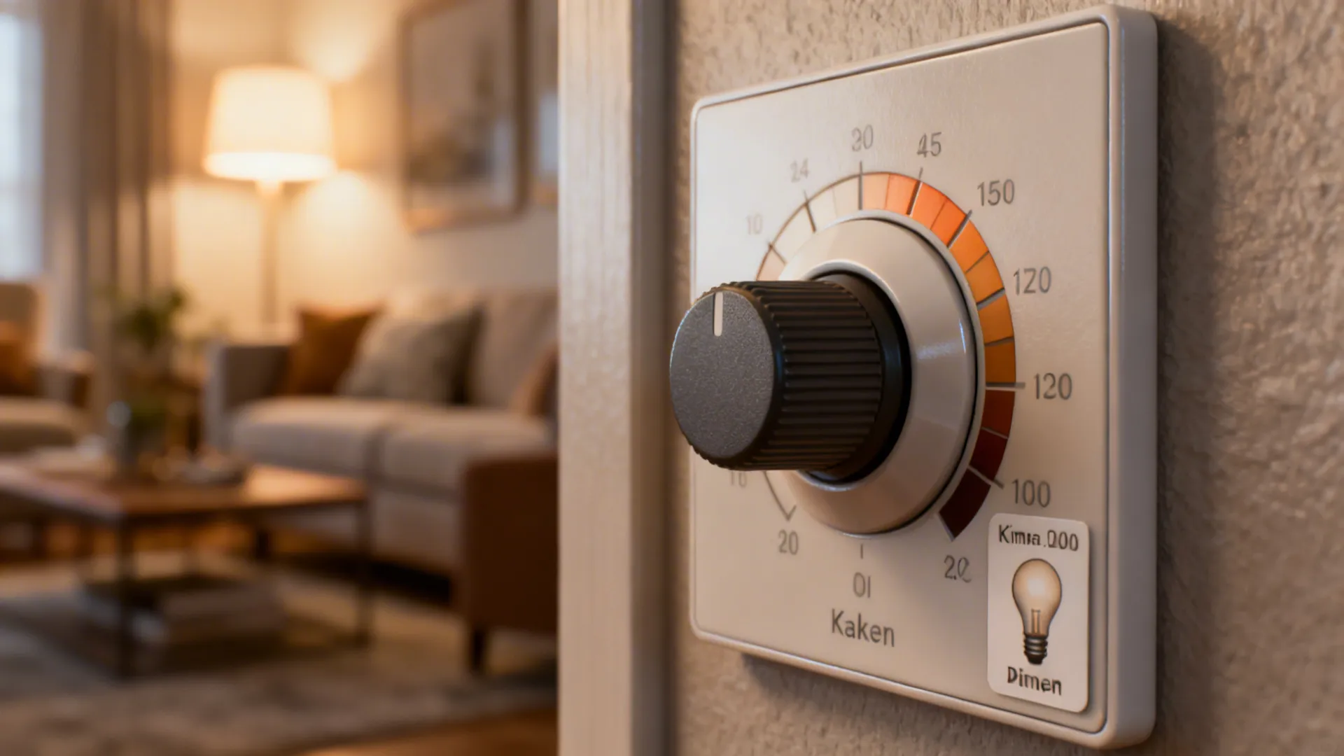 Control panel and labeled bulbs illustrating Kelvin options and dimmer settings.