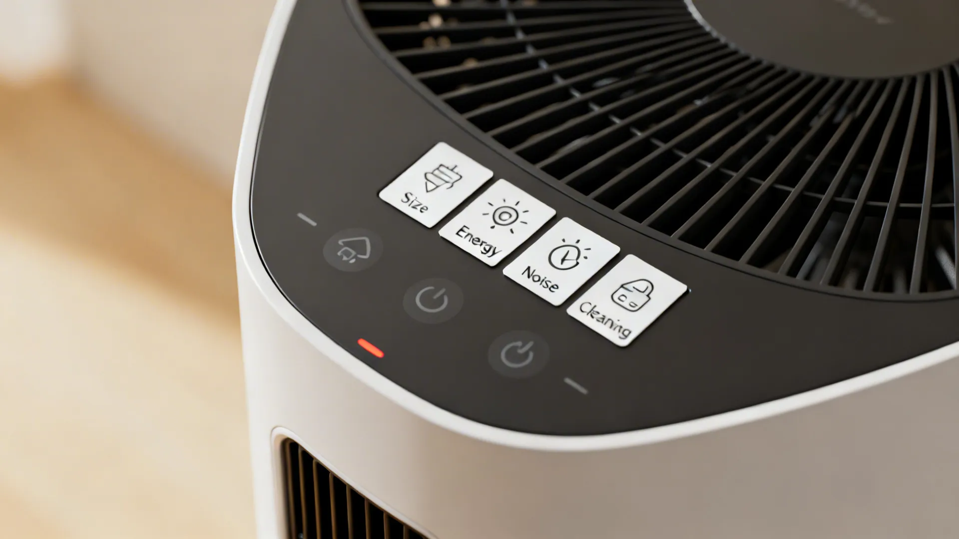 Close-up of a tower fan control panel with small FAQ icon cards about size, energy and noise