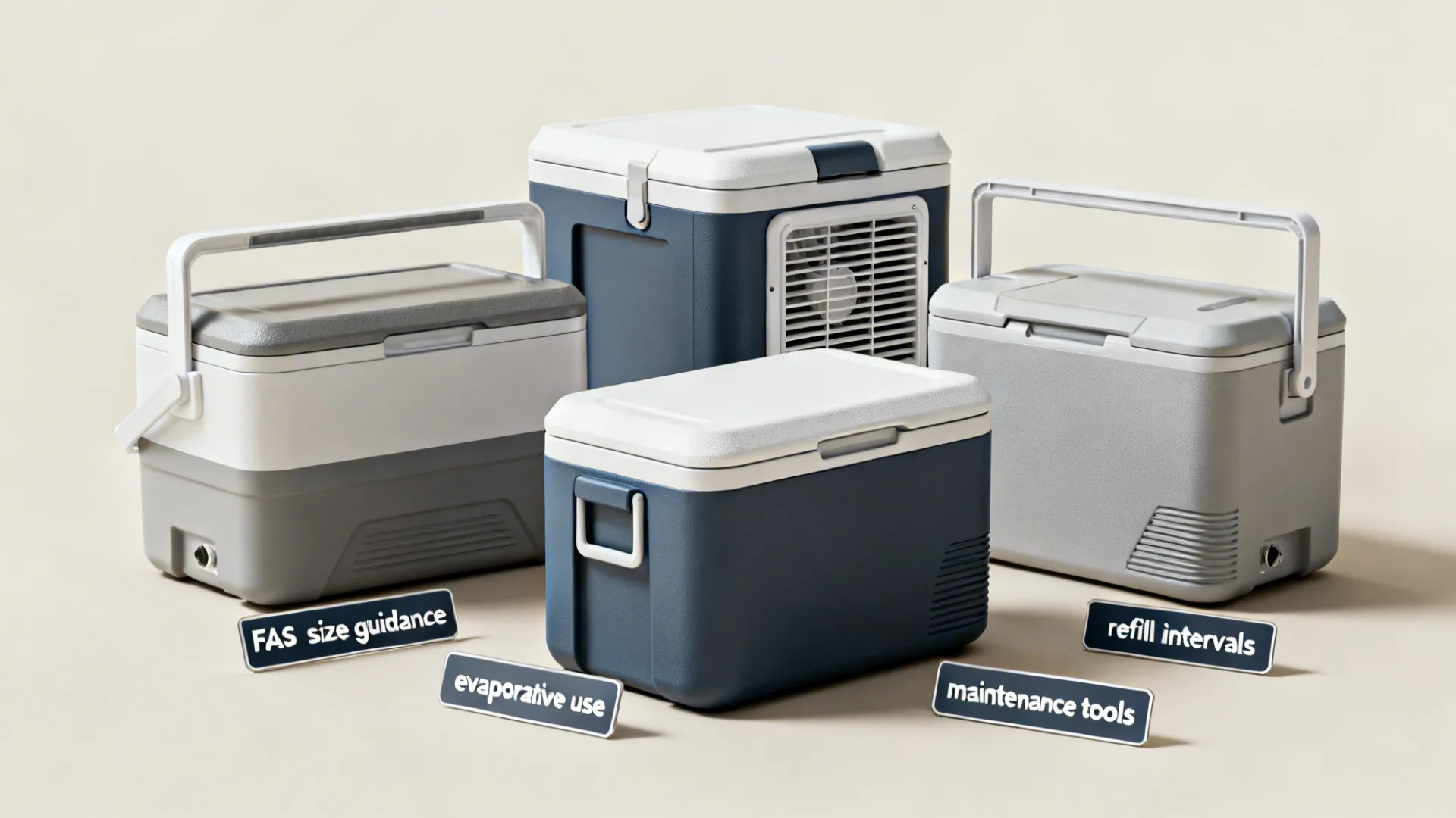 Group of compact portable coolers illustrating FAQ topics like size and maintenance