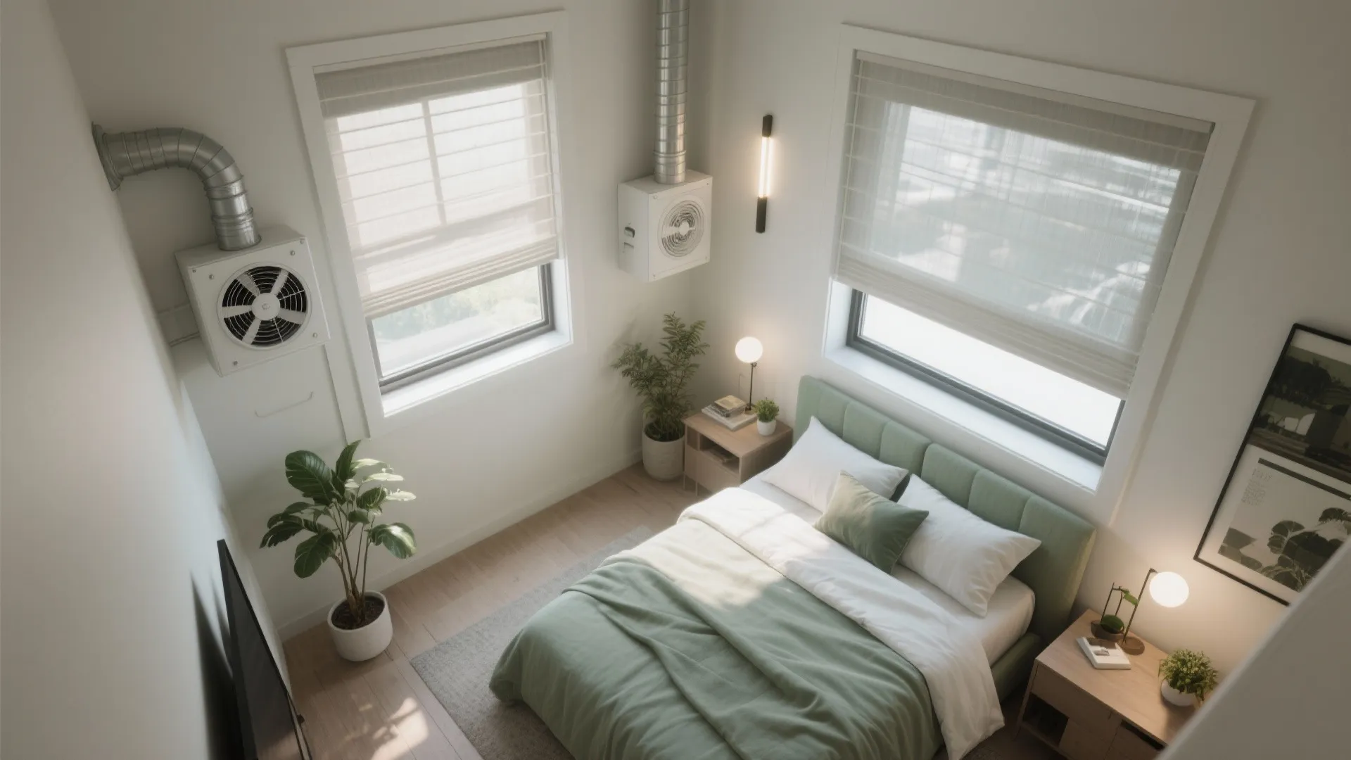 Modern green bedroom interior design with two wall mounted cooling fans, windows, and bedside lamps