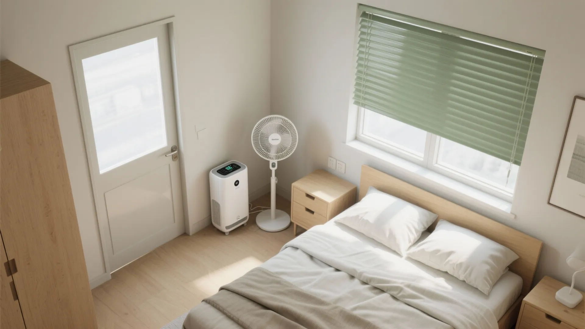 Top view of a bright bedroom featuring a white electric fan and green window blinds