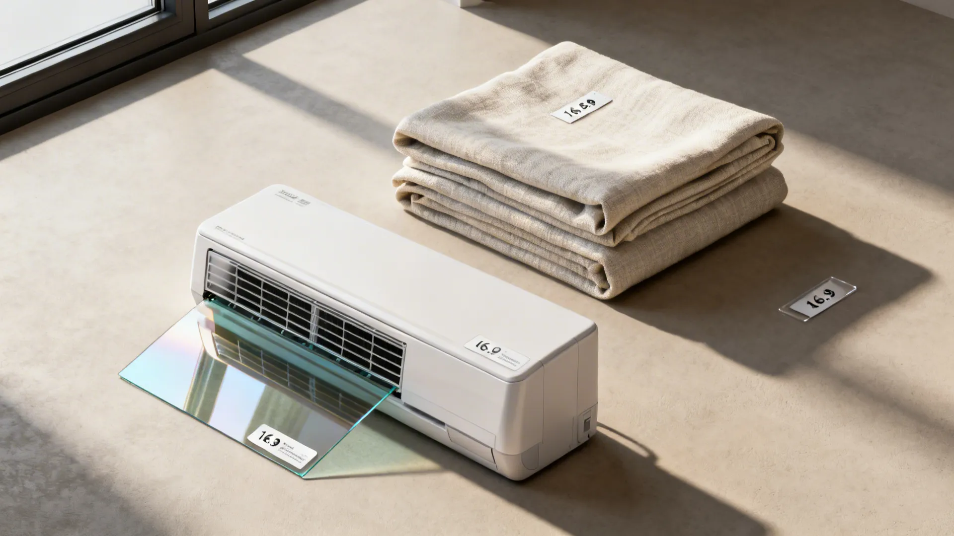 Composite of reflective film sample, compact AC unit and breathable linens illustrating cooling choices