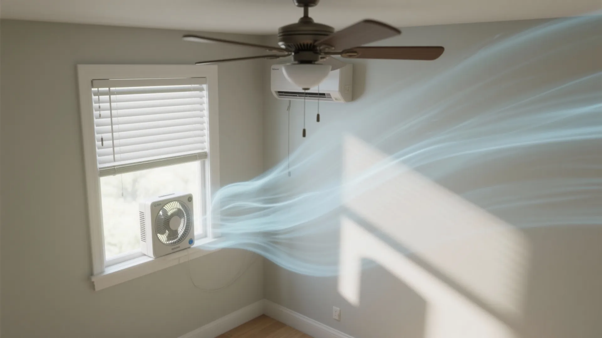 Small fan on window sill with ceiling fan and wall air conditioner creating cool airflow