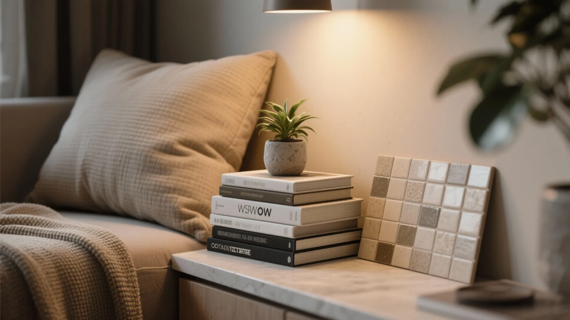 Cozy neutral corner with design books, plant and textured cushion illustrating FAQ tips.